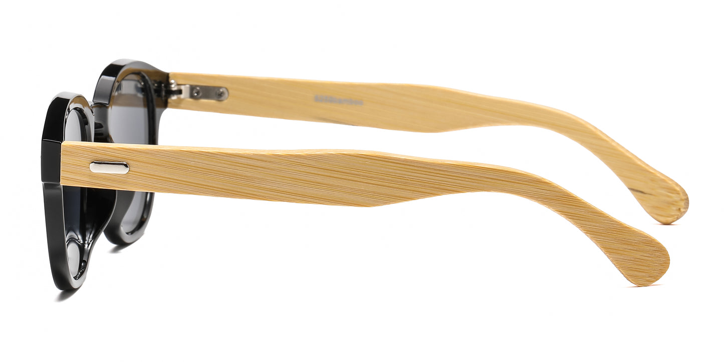 5259 Bamboo - Round Plastic Frame with Key Hole Bamboo Temple Sunglasses