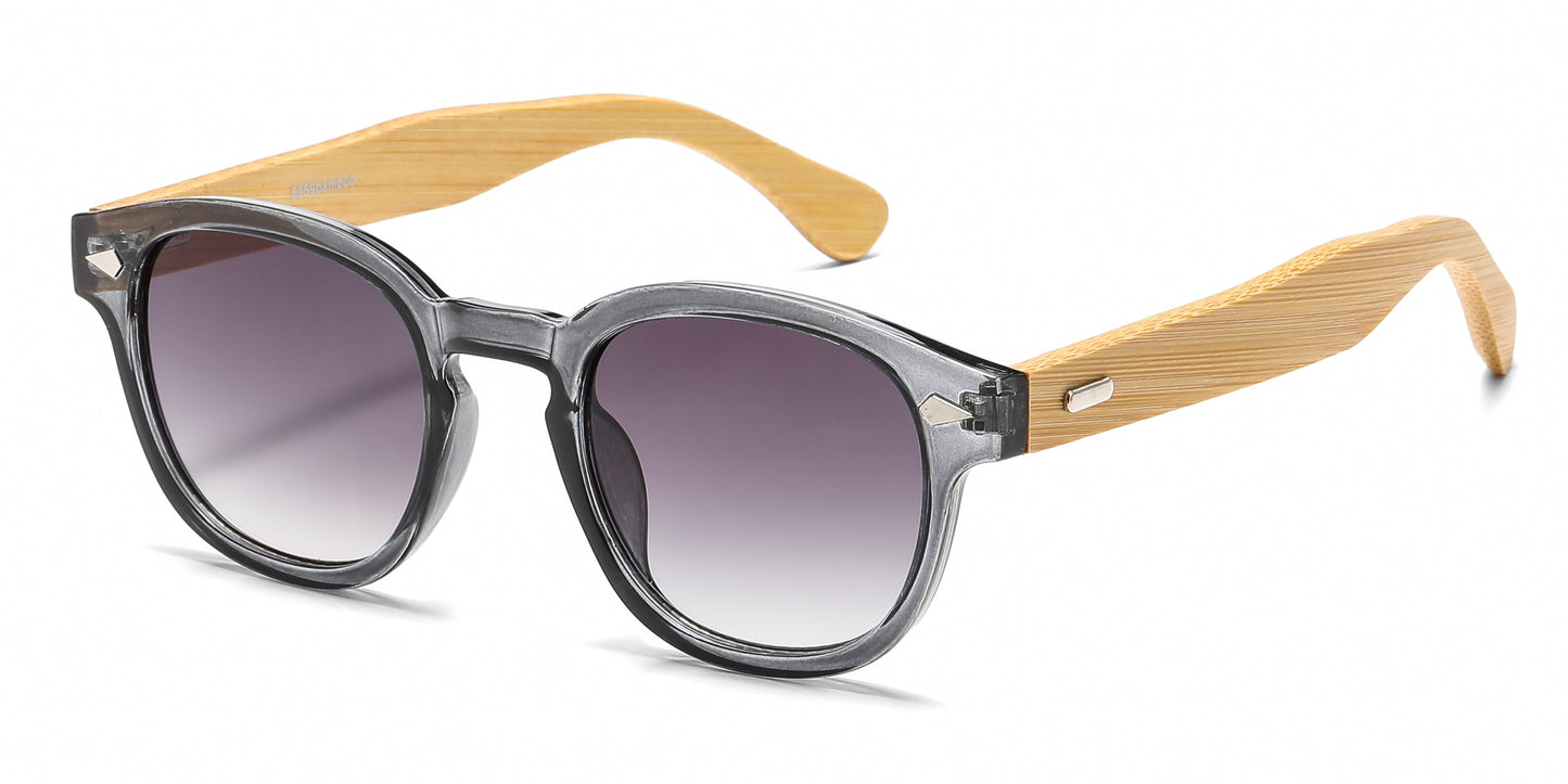 5259 Bamboo - Round Plastic Frame with Key Hole Bamboo Temple Sunglasses