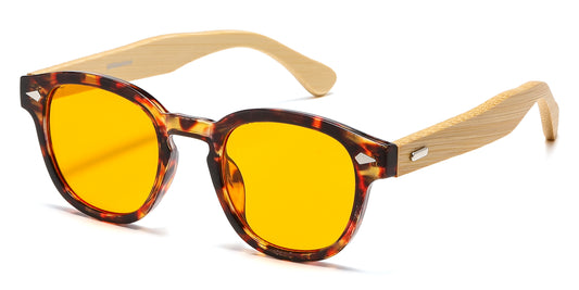 5259 Bamboo - Round Plastic Frame with Key Hole Bamboo Temple Sunglasses