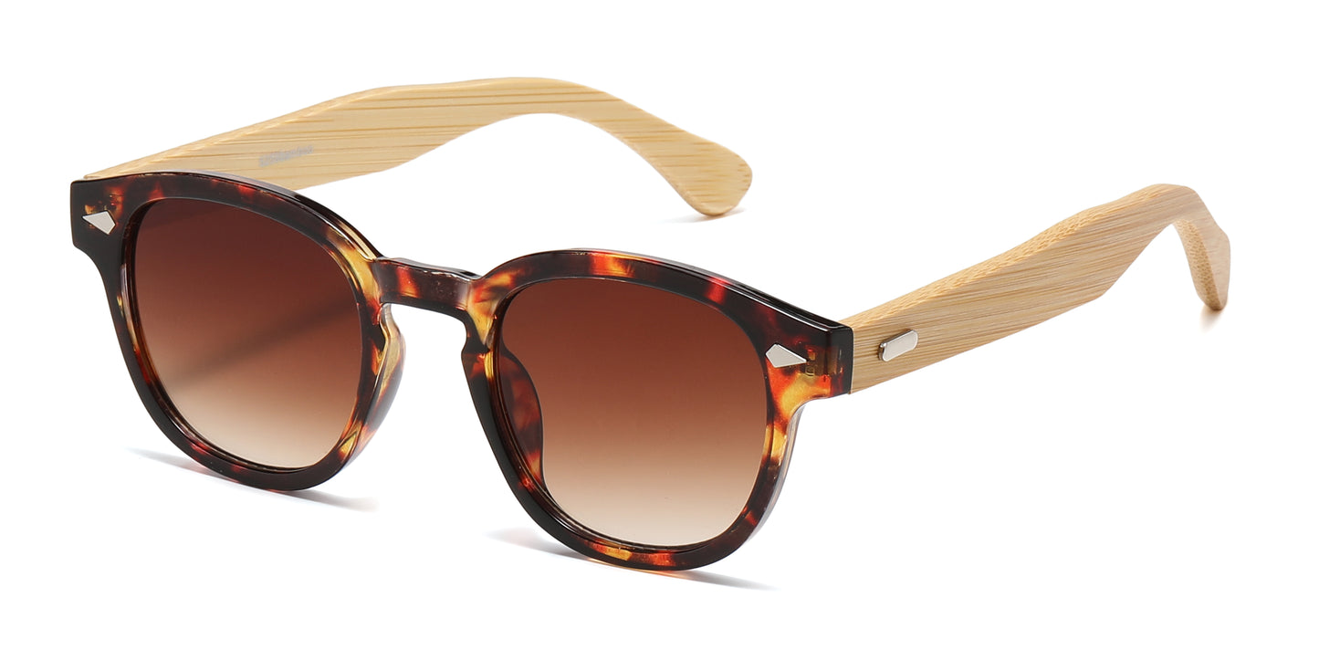 5259 Bamboo - Round Plastic Frame with Key Hole Bamboo Temple Sunglasses