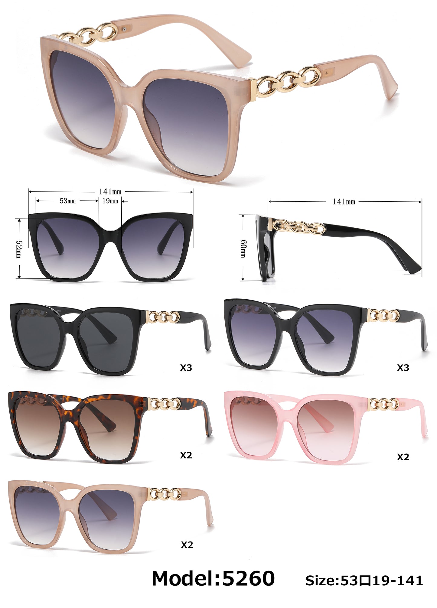 5260 - Square Butterfly Women Fashion Chain Detail on Temple Plastic Sunglasses