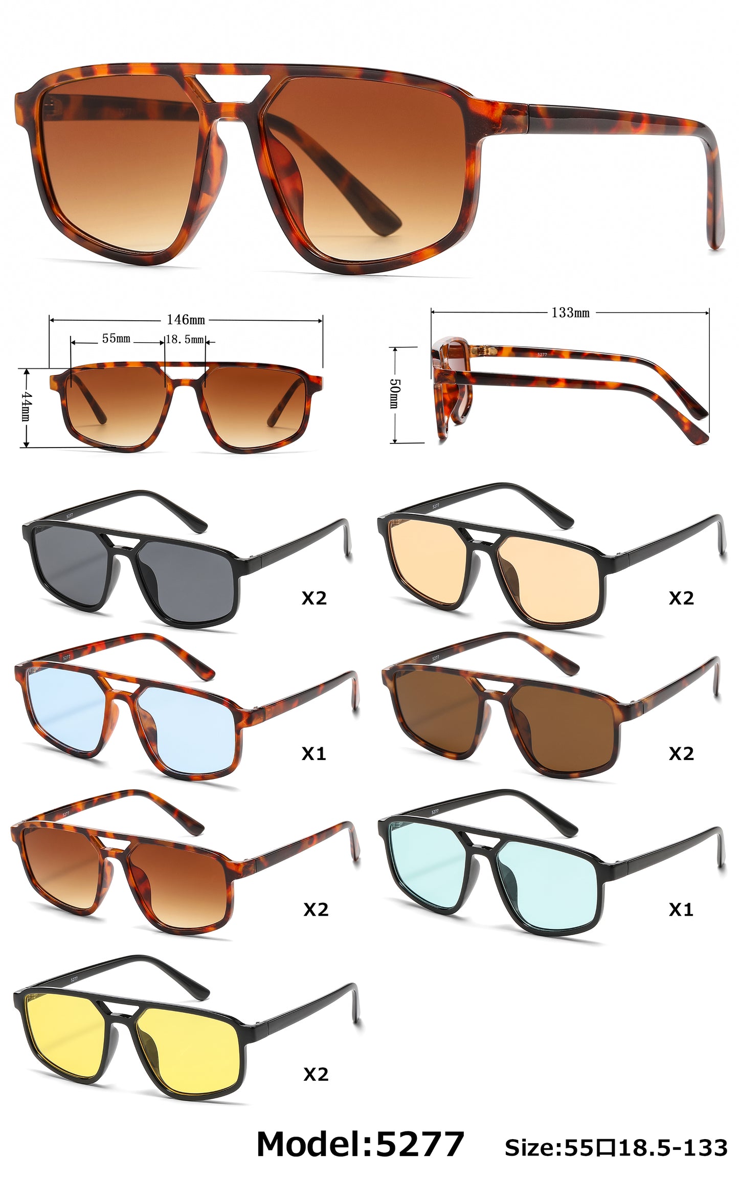 5277 - Rectangular Aviator with Brow Bar Plastic Sunglasses
