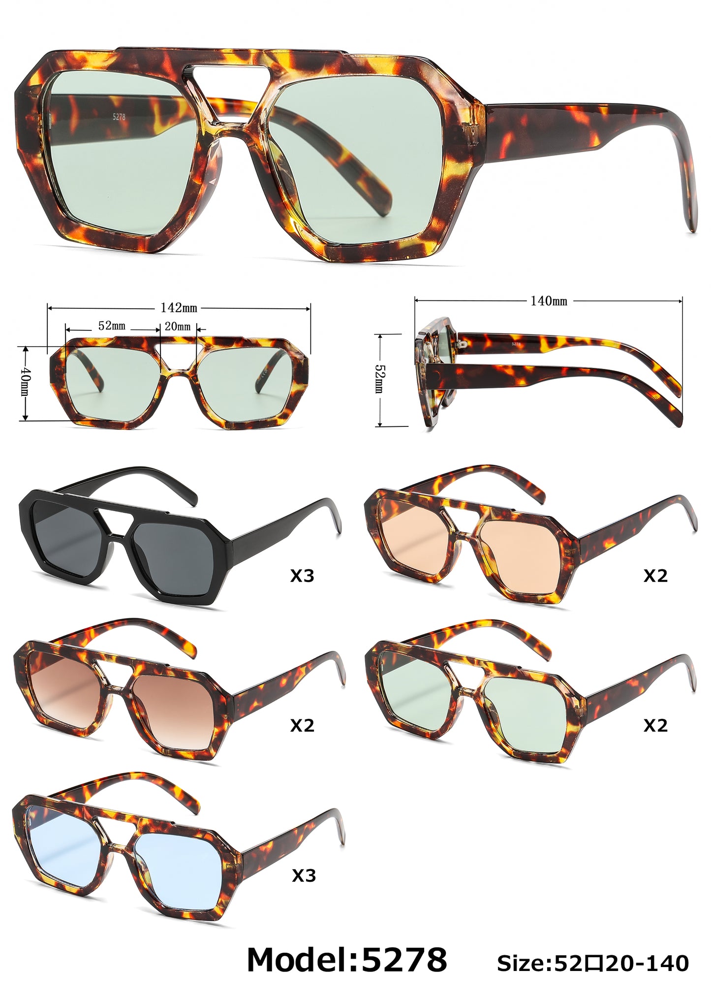 5278 - Hexagonal Fashion Brow Bar Plastic Sunglasses