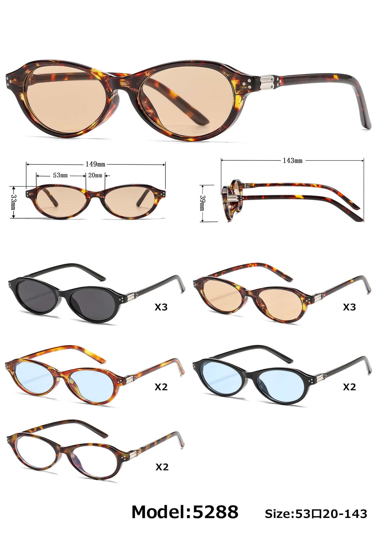 5288 - Classic Small Vintage Oval Plastic Sunglasses