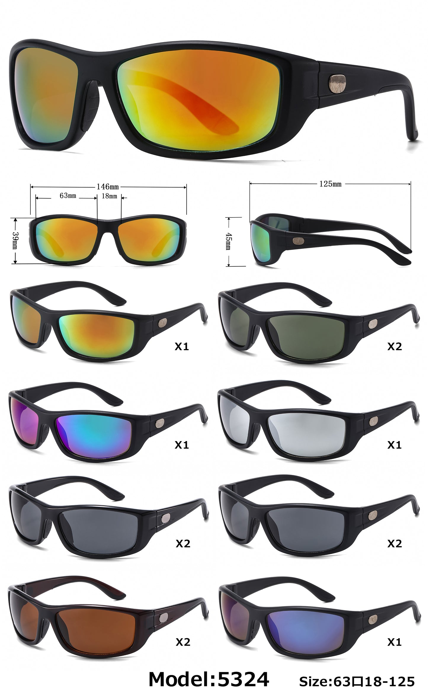 5324 - Men Rectangular Sport Plastic Sunglasses
