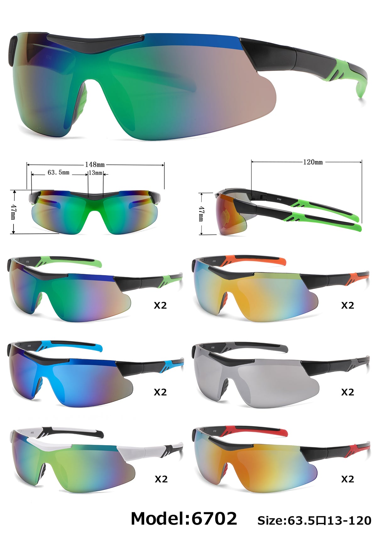 6702 - Men Sport Semi Rimless One Piece Lens Plastic Sunglasses