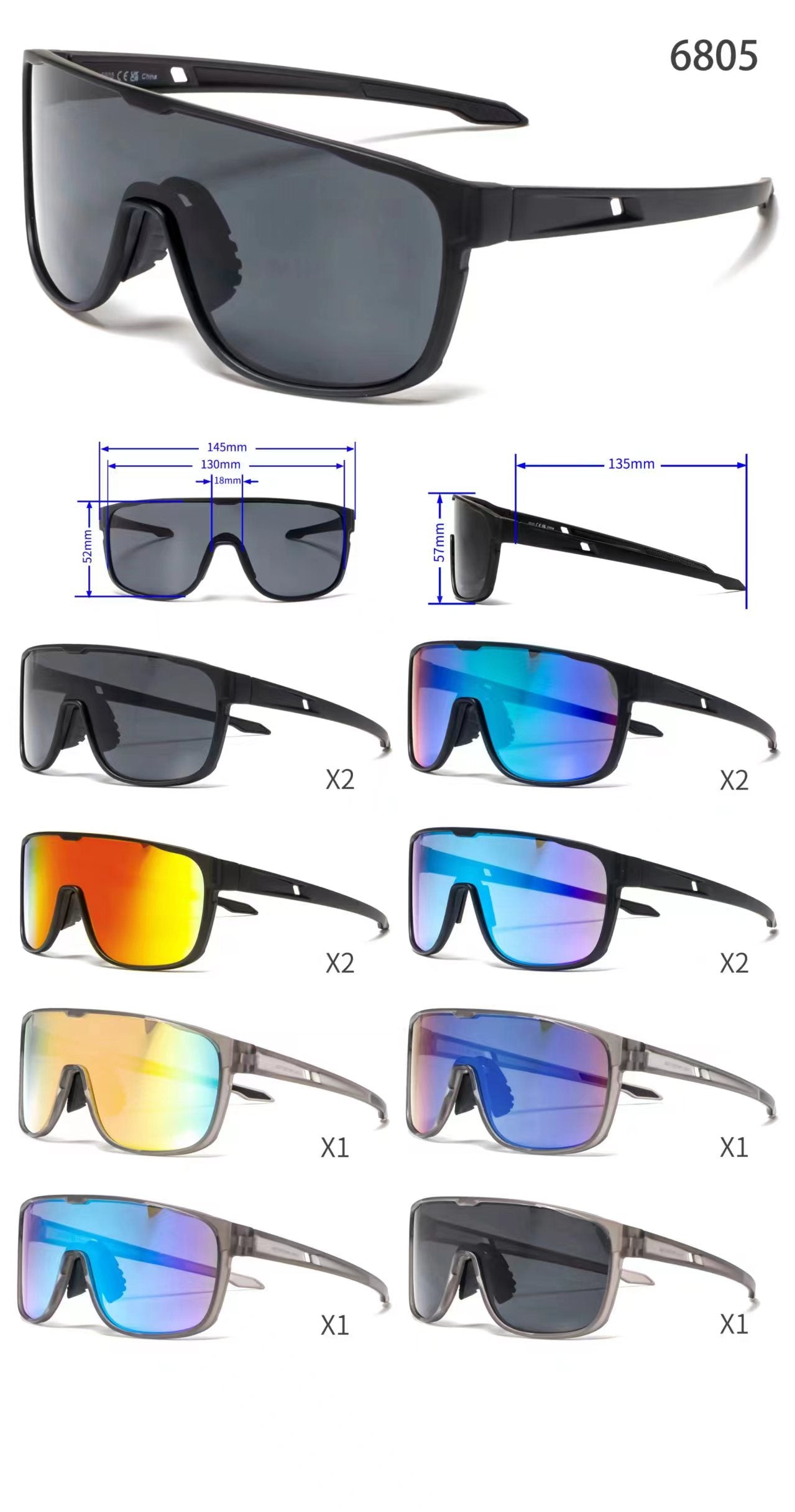 6805 - One Piece Lens Plastic Shield Sunglasses with Color Mirrored Lens