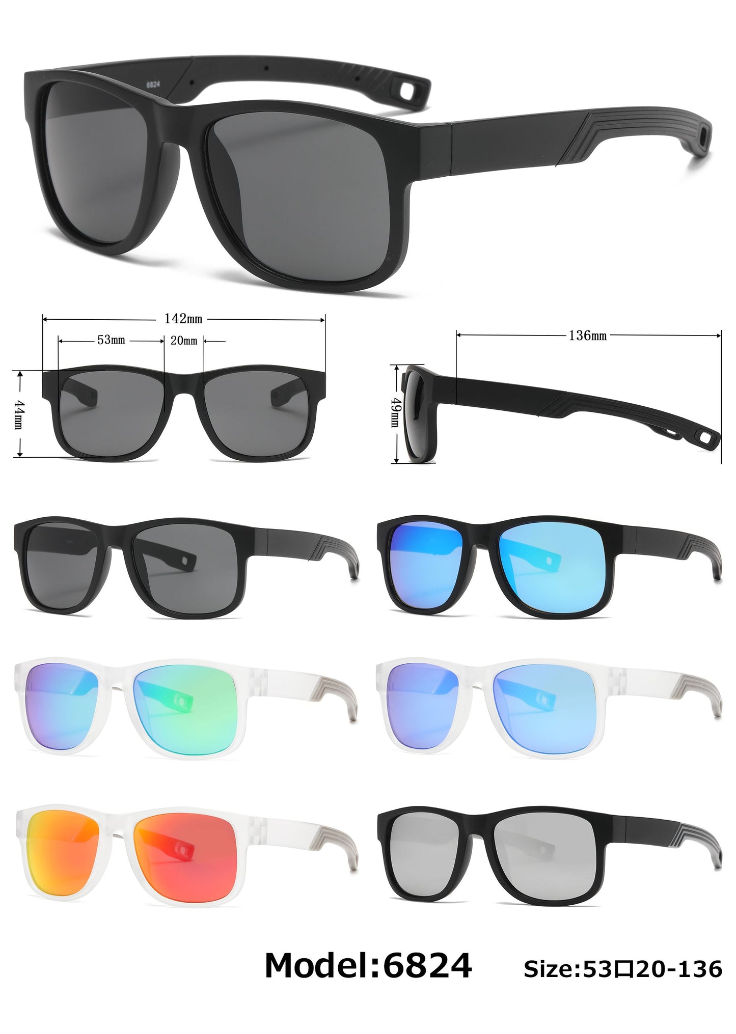 6824 - Men Sport with Clear Frame and Color Mirror Lens Plastic Sunglasses