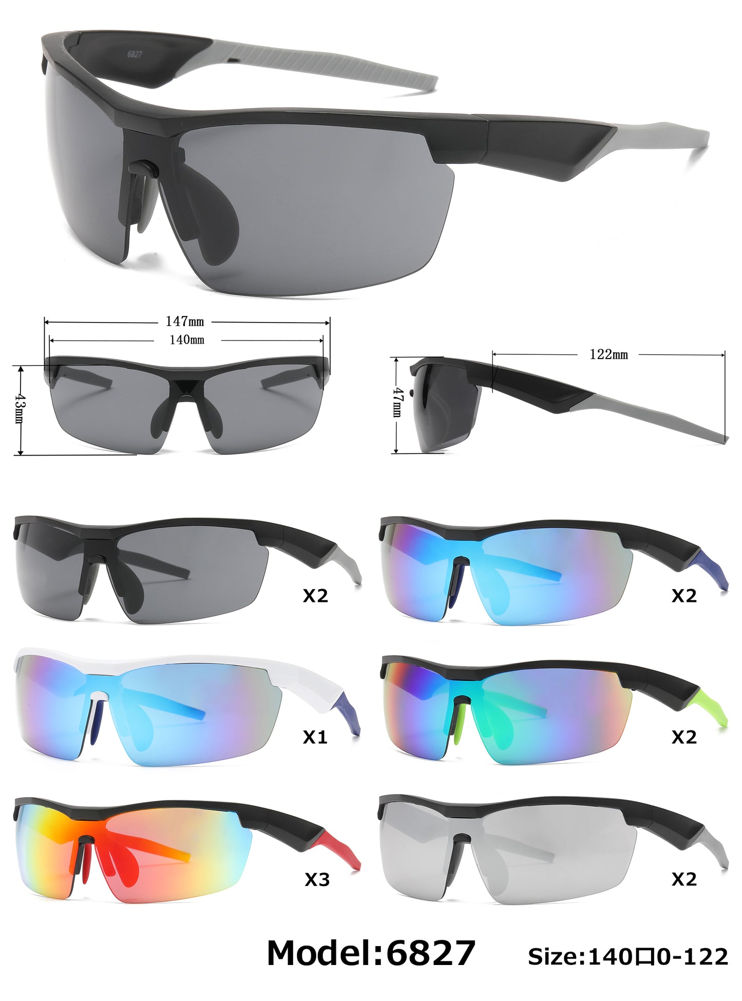 6827 - Sports Semi Rimless One Piece Lens Plastic Sunglasses