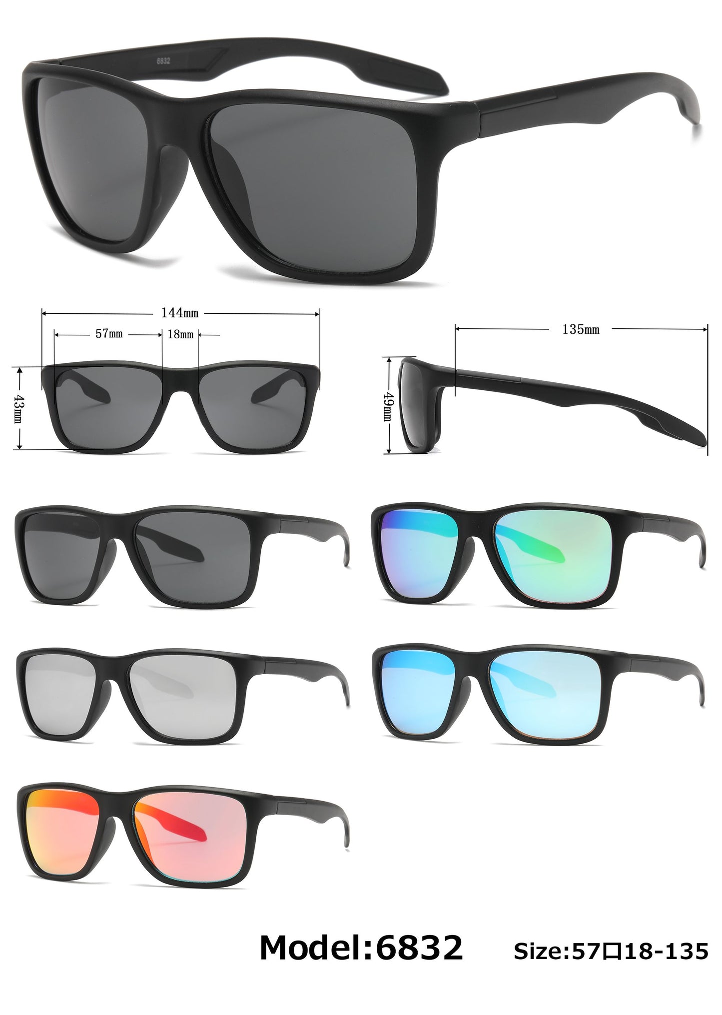 6832 - Color Mirror Lens Plastic Sport Sunglasses