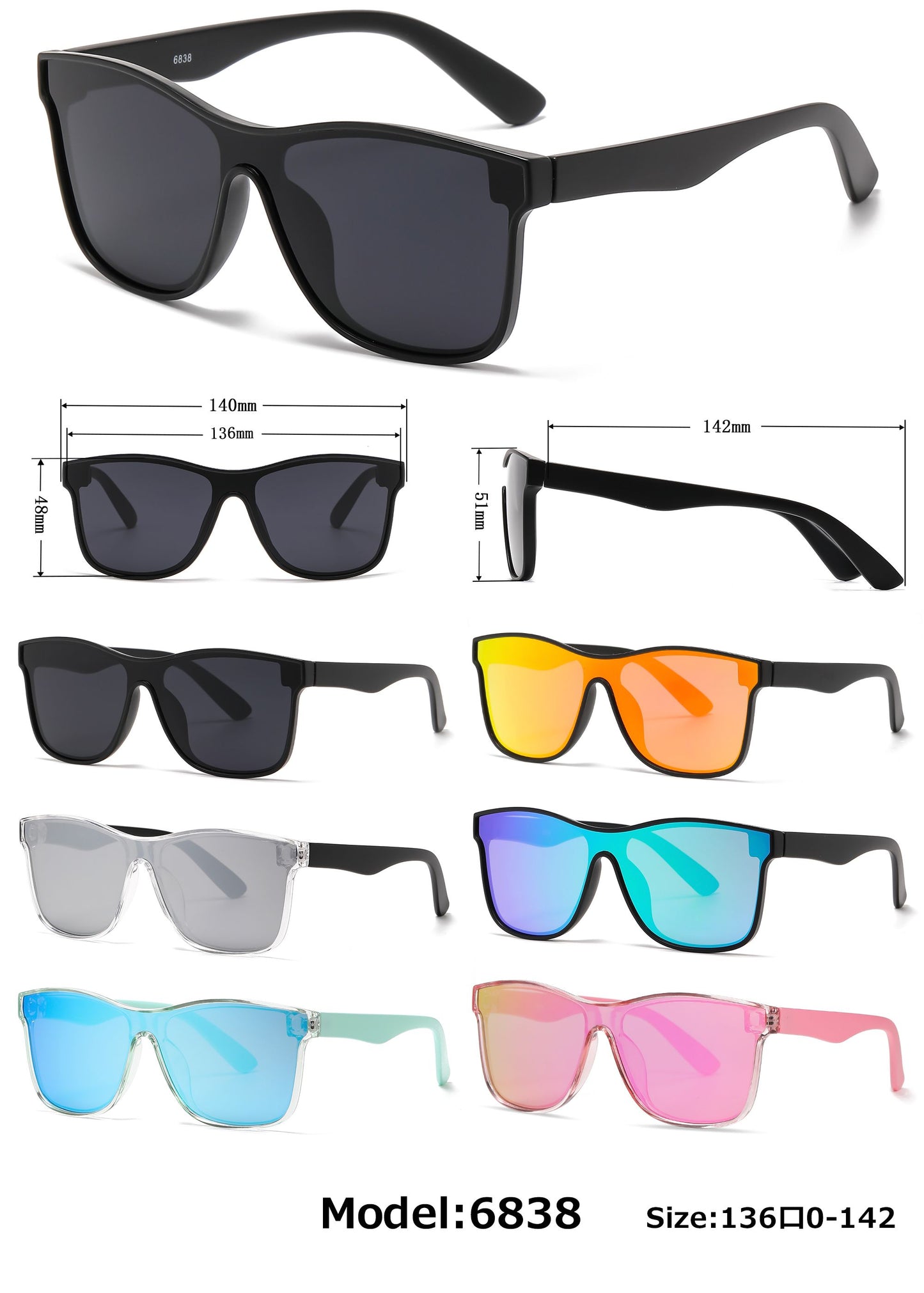 6838 - One piece Lens Fashion Plastic Sunglasses