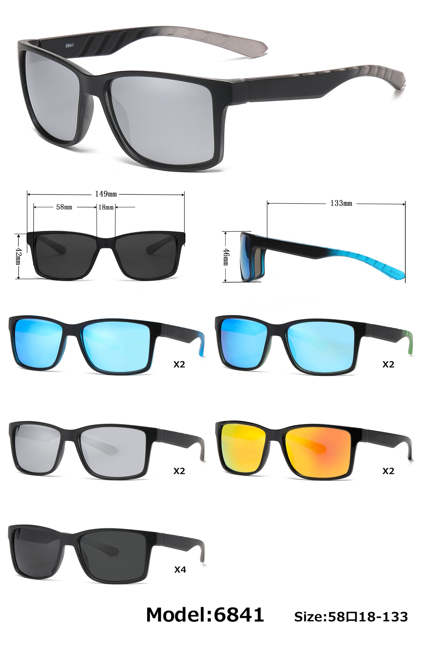 6841 - Rectangular Men Sport Plastic Sunglasses with Color Mirror Lens