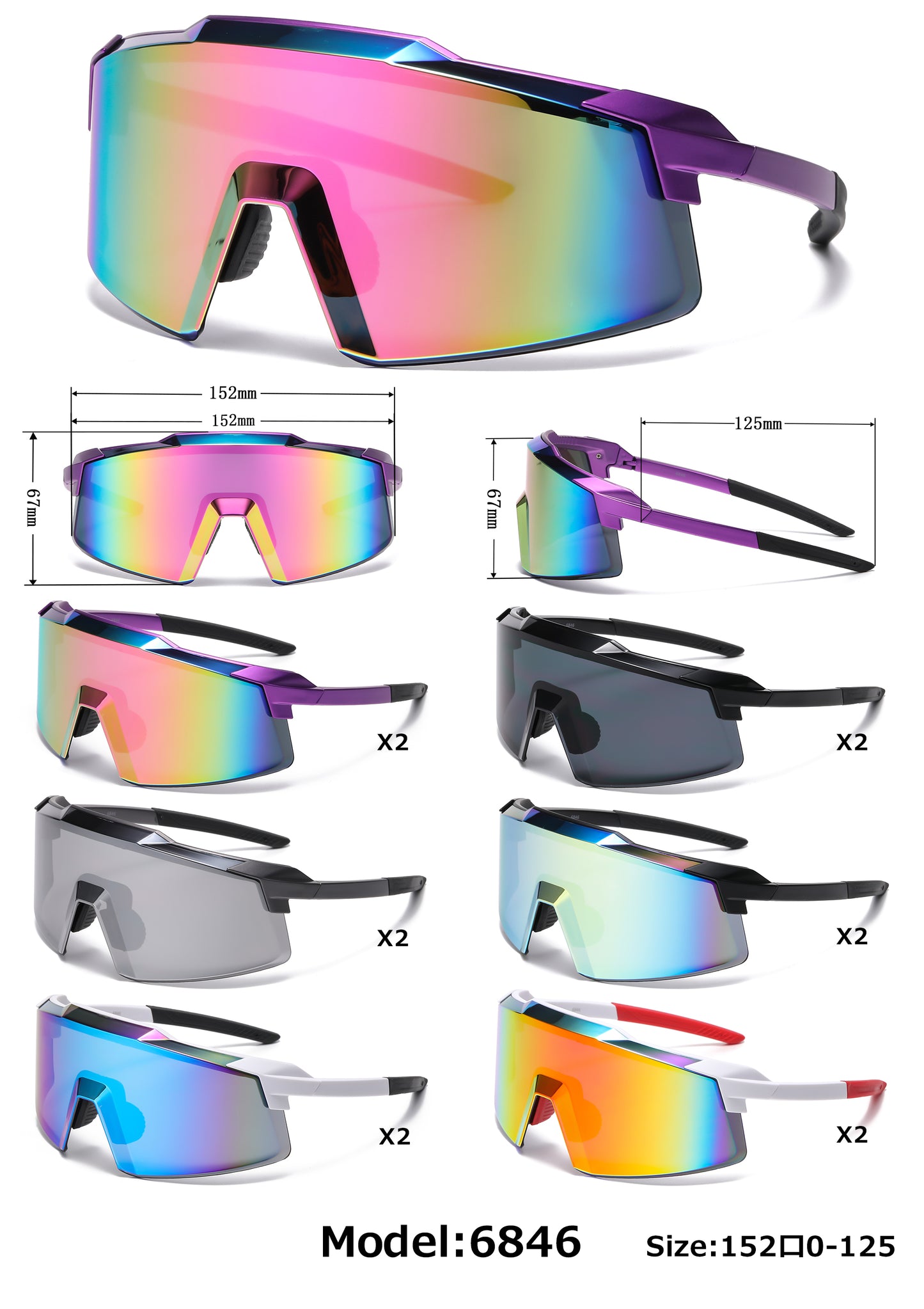 6846 - One Piece Semi Rimless Sport Shield Plastic Sunglasses with Color Mirror Lens