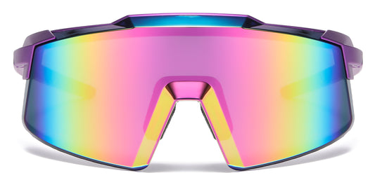 6846 - One Piece Semi Rimless Sport Shield Plastic Sunglasses with Color Mirror Lens