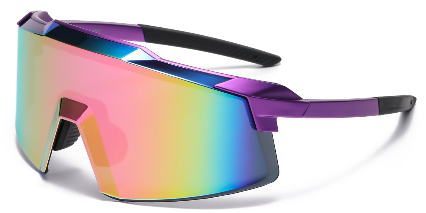 6846 - One Piece Semi Rimless Sport Shield Plastic Sunglasses with Color Mirror Lens