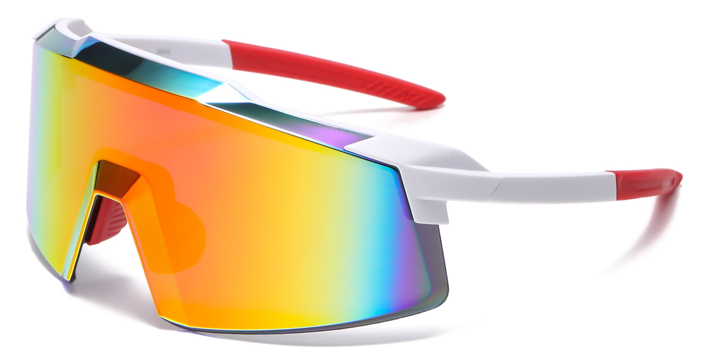 6846 - One Piece Semi Rimless Sport Shield Plastic Sunglasses with Color Mirror Lens