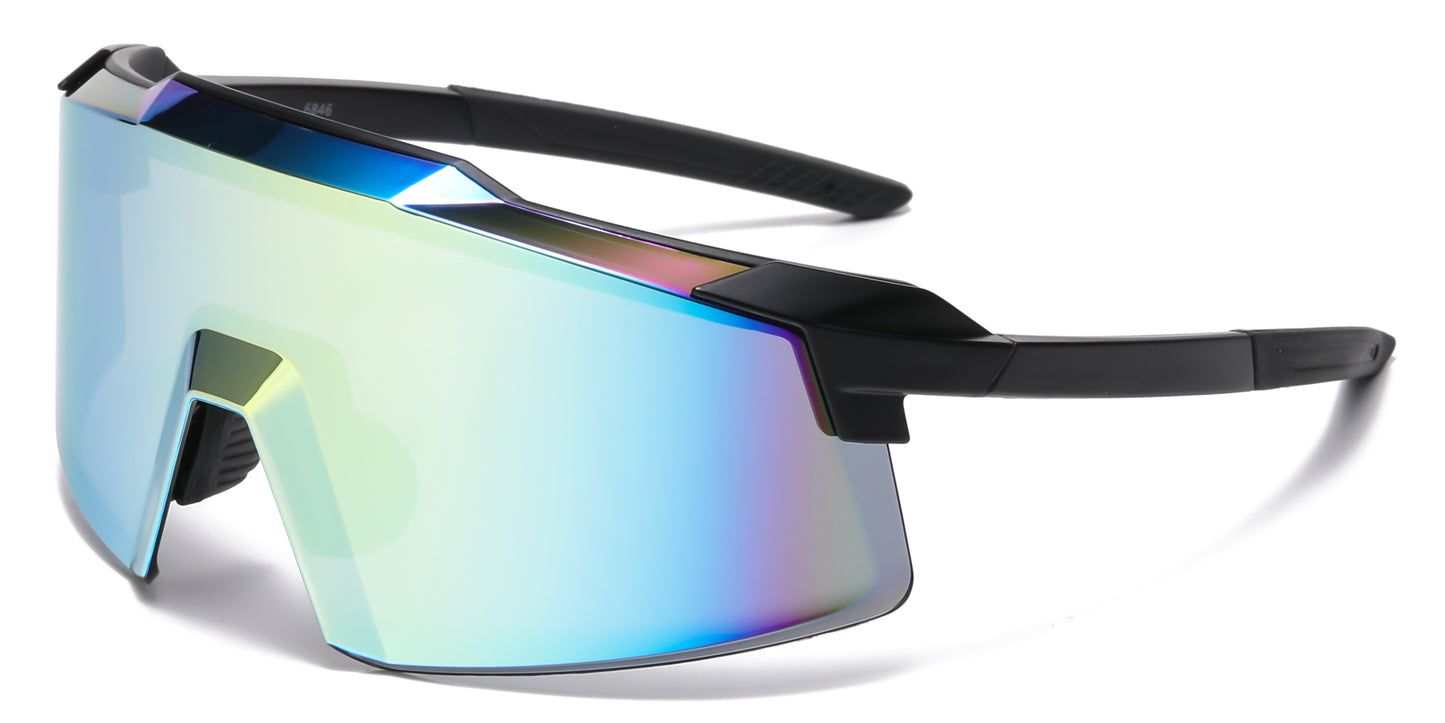 6846 - One Piece Semi Rimless Sport Shield Plastic Sunglasses with Color Mirror Lens