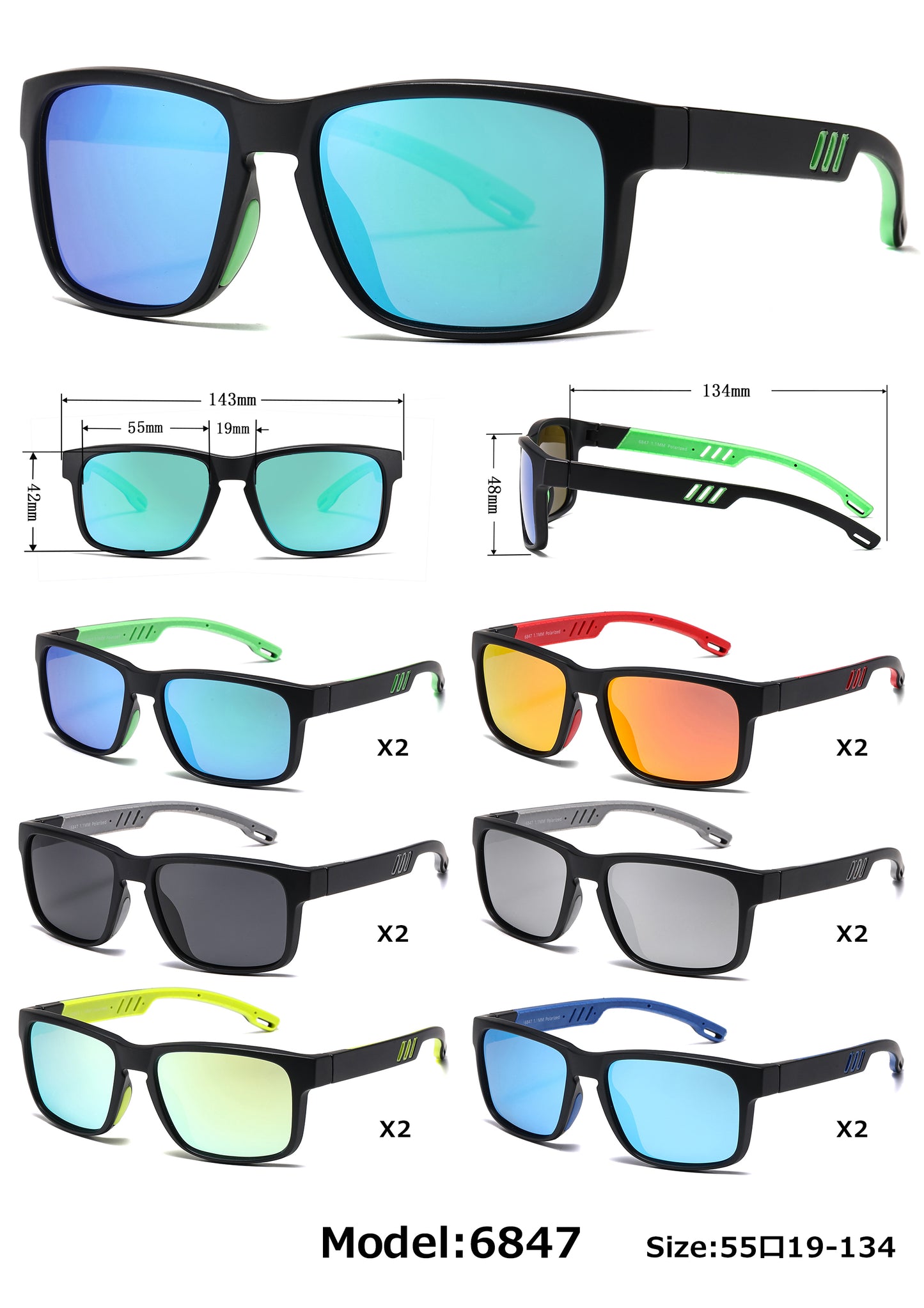 6847 - Men Sport Key Hole Bridge Plastic Sunglasses with Color Mirror Lens