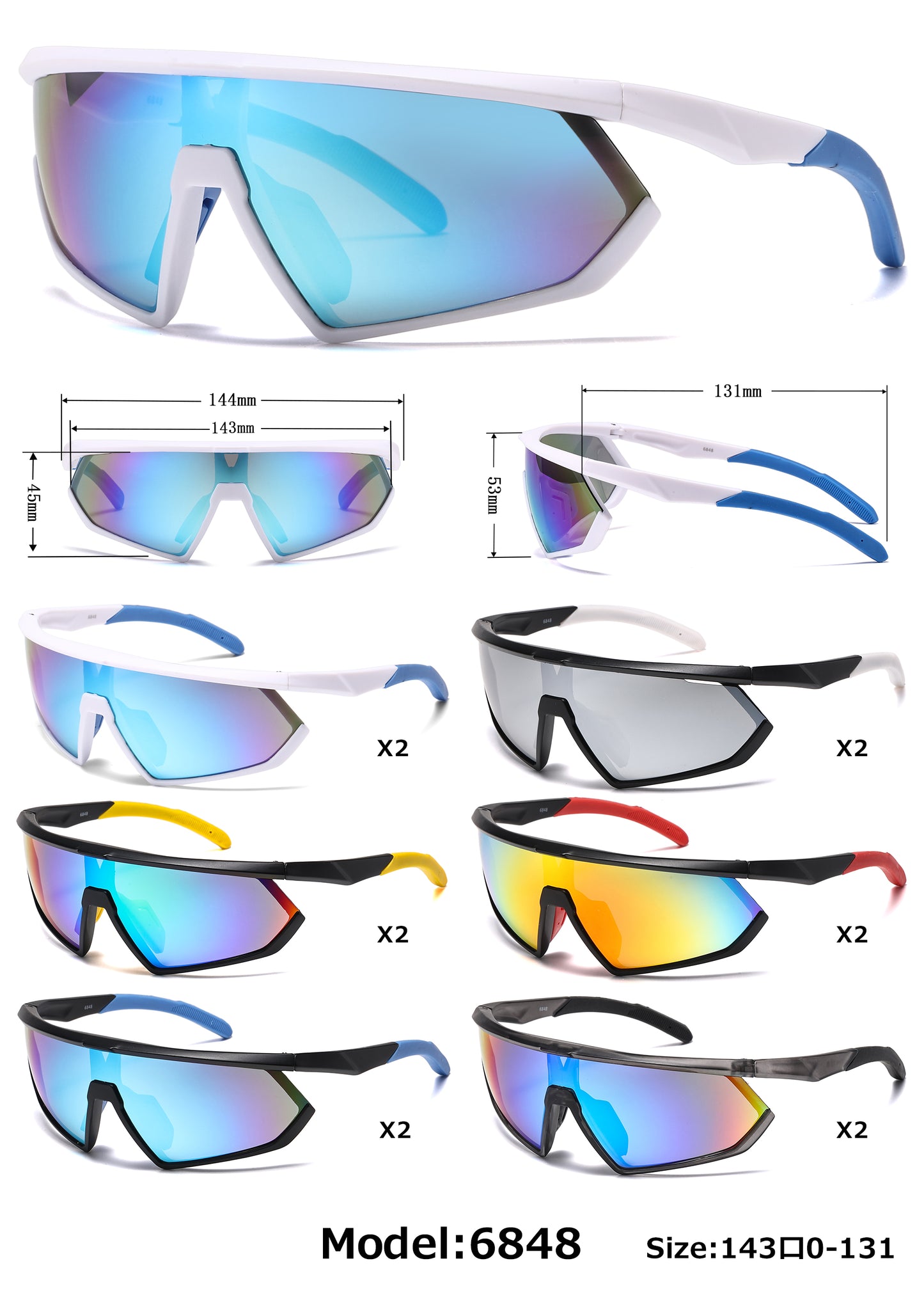 6848 - One Piece Lens Plastic Shield Sunglasses with Color Mirrored Lens