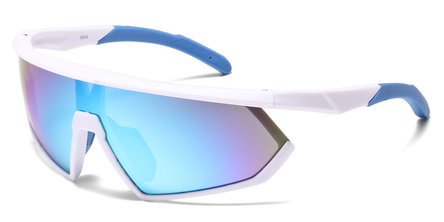 6848 - One Piece Lens Plastic Shield Sunglasses with Color Mirrored Lens