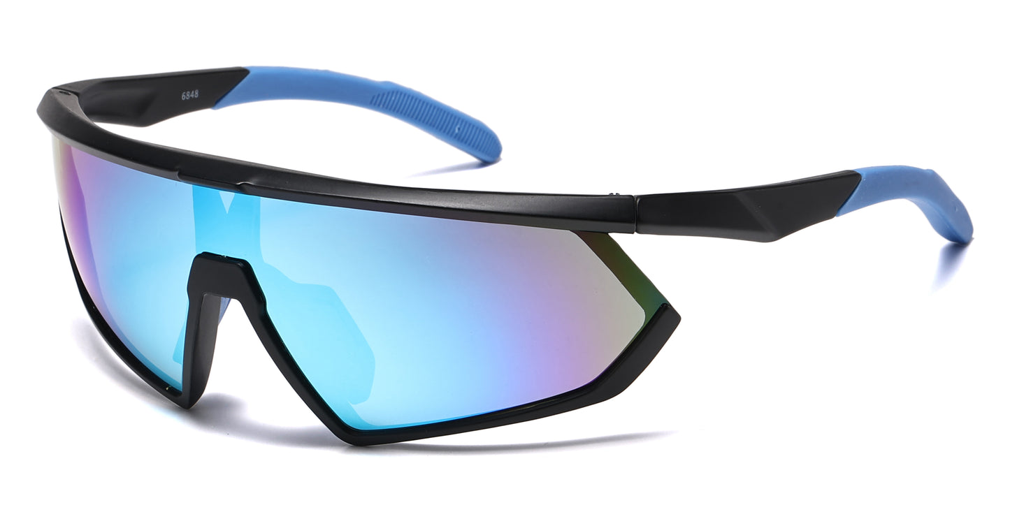 6848 - One Piece Lens Plastic Shield Sunglasses with Color Mirrored Lens