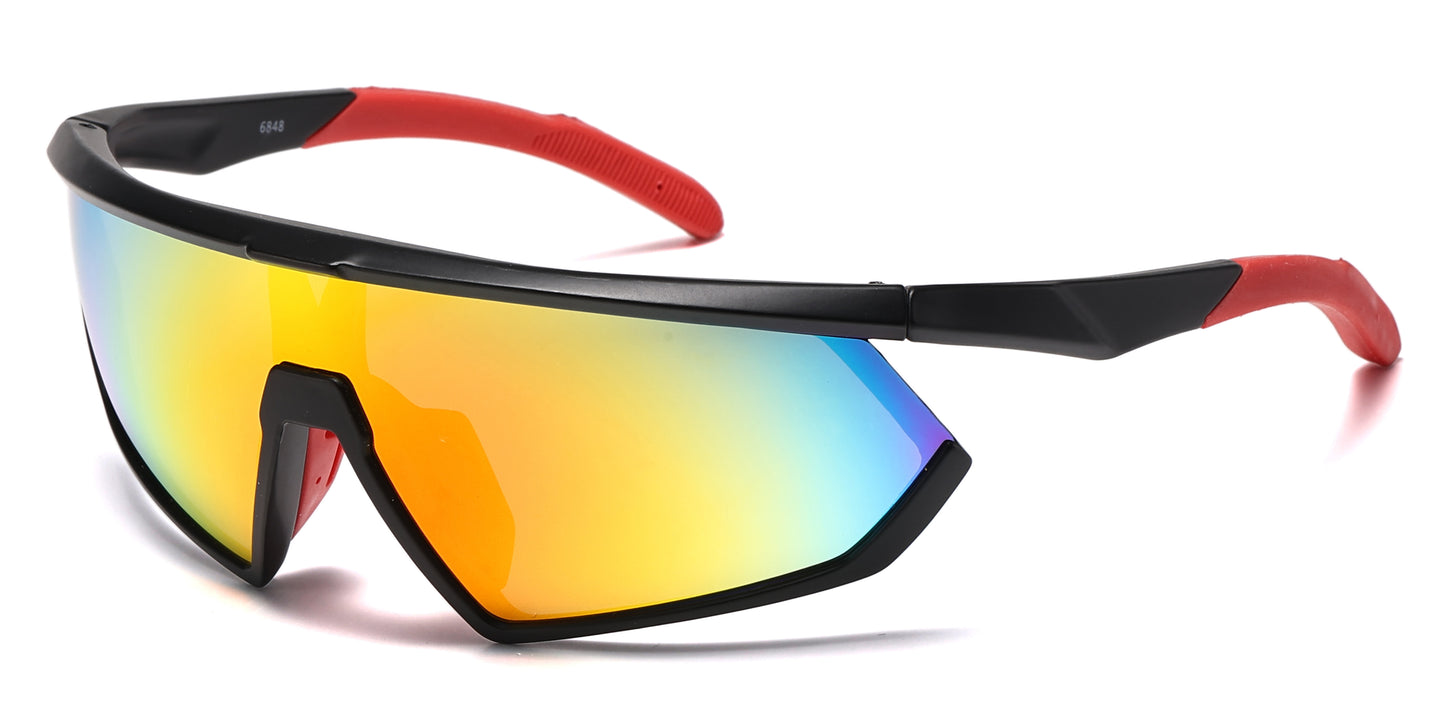 6848 - One Piece Lens Plastic Shield Sunglasses with Color Mirrored Lens