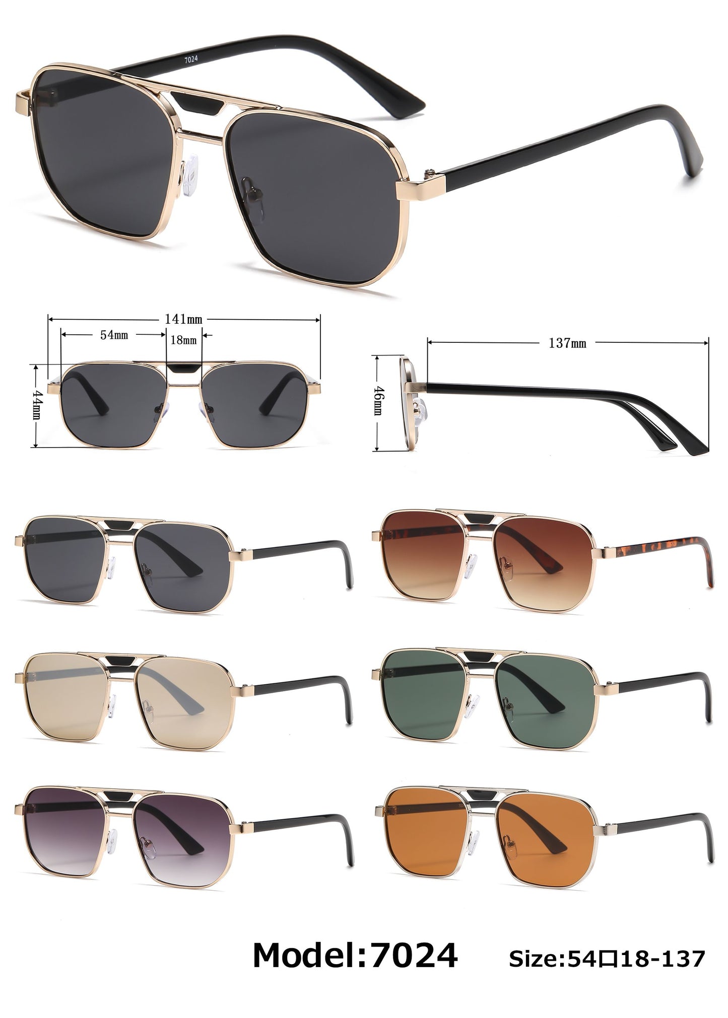 7024 - Thick Metal Square Brow Bar Aviator Sunglasses