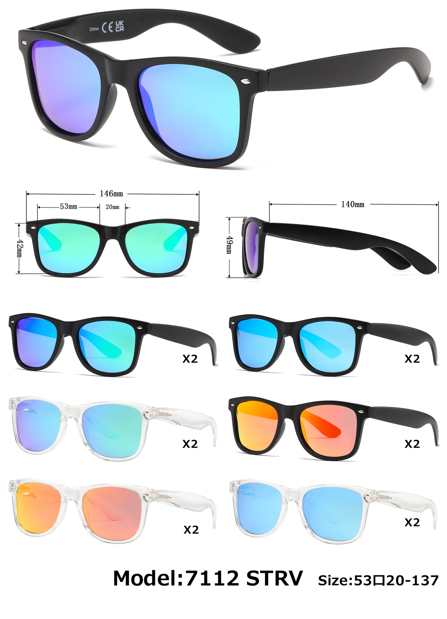 7112 ST RVC - Spring Hinge Plastic Sunglasses with Color Mirror Lens