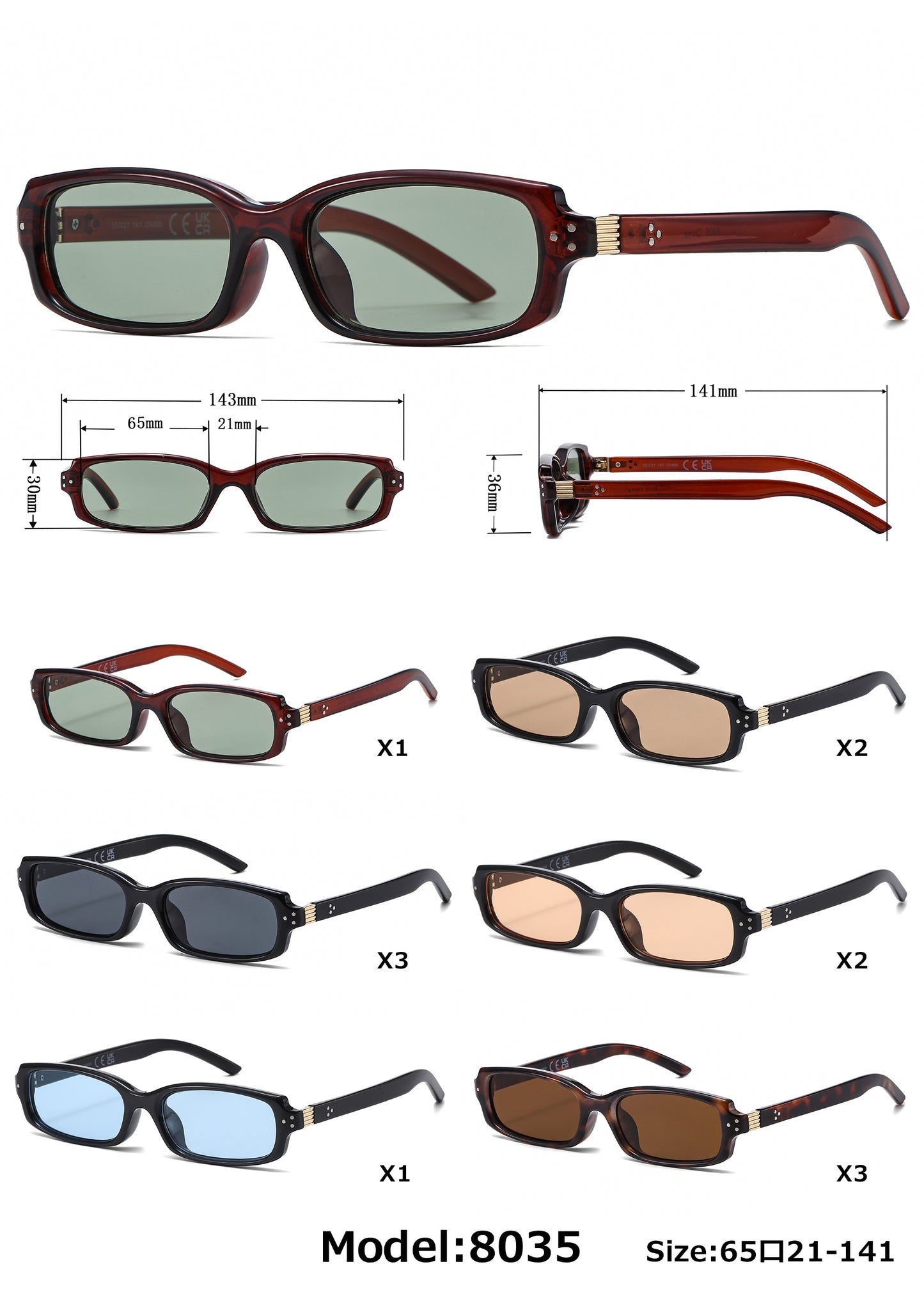 8035 - Classic Small Rectangular Women Plastic Sunglasses