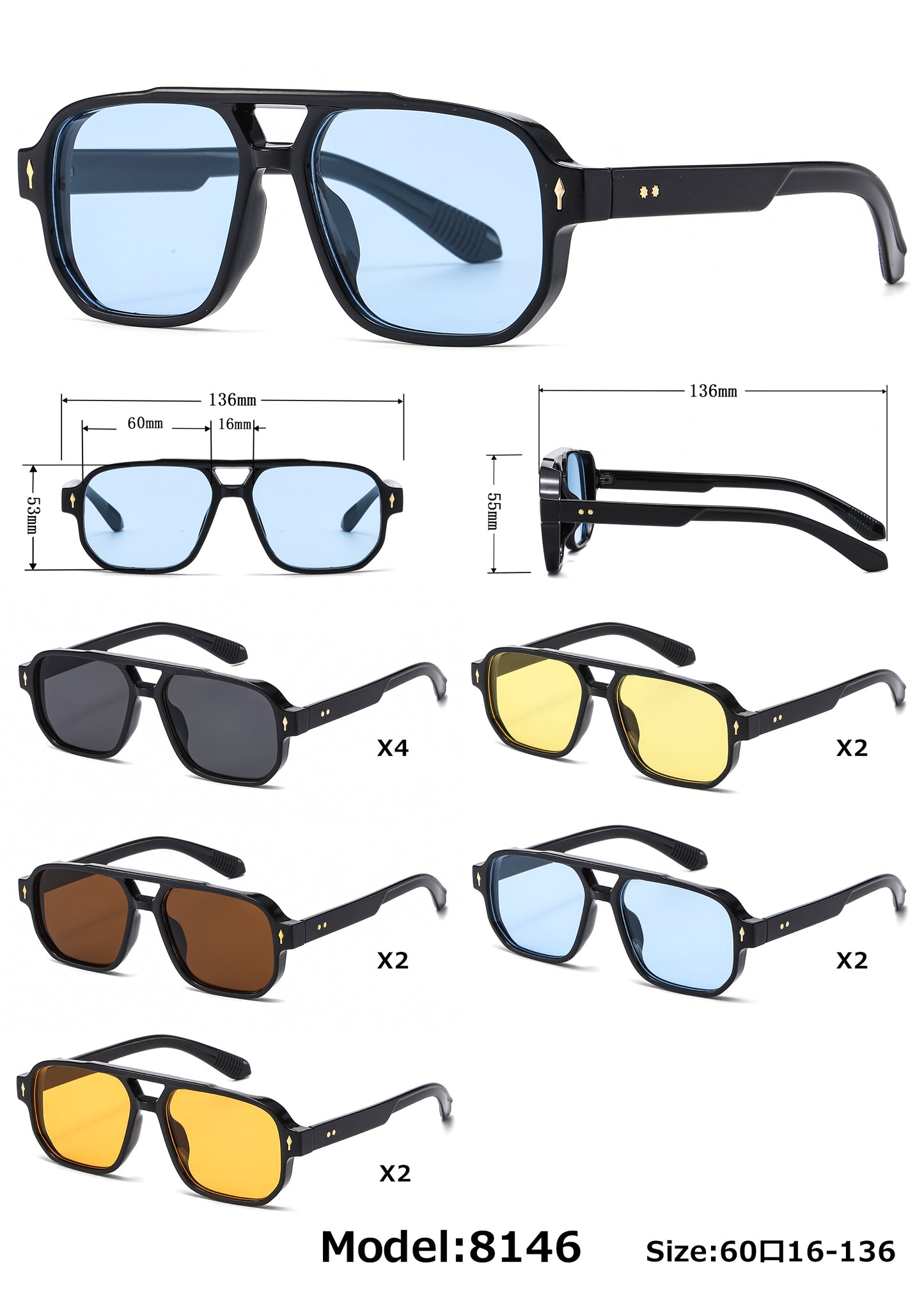 8146 - Square Aviator Plastic Sunglasses