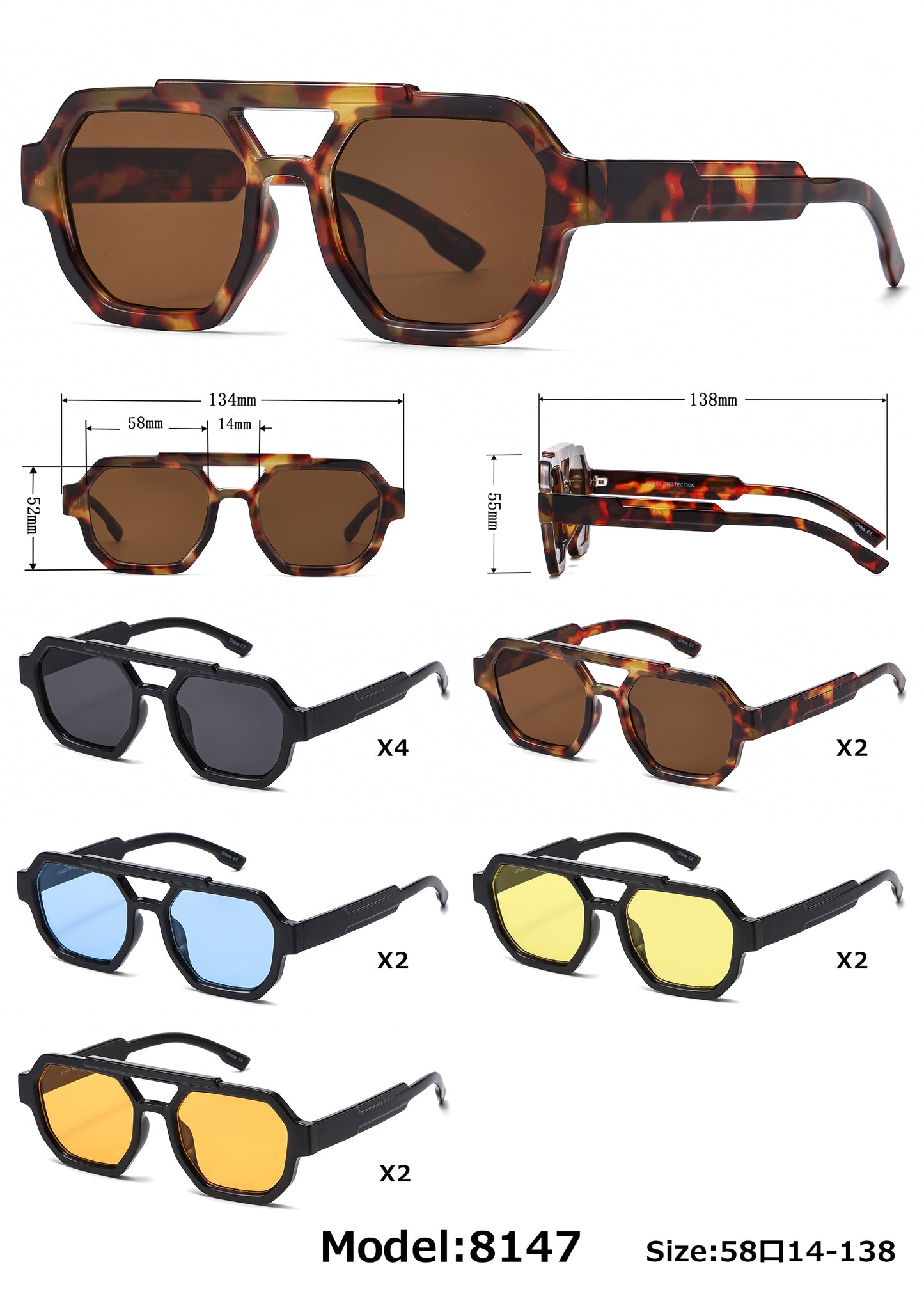 8147 - Plastic Brow Bar Hexagonal Shaped Sunglasses