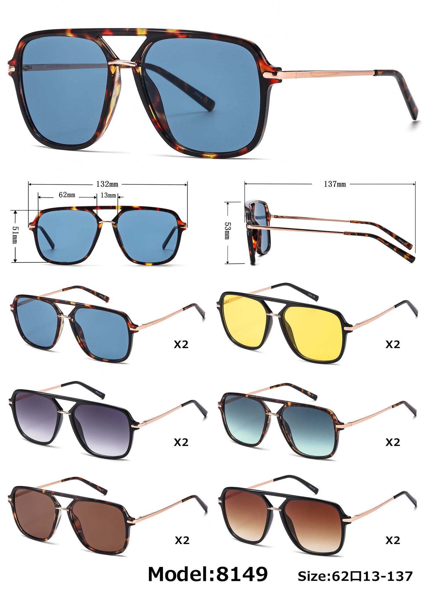 8149 - Modern Square Aviator Plastic Sunglasses