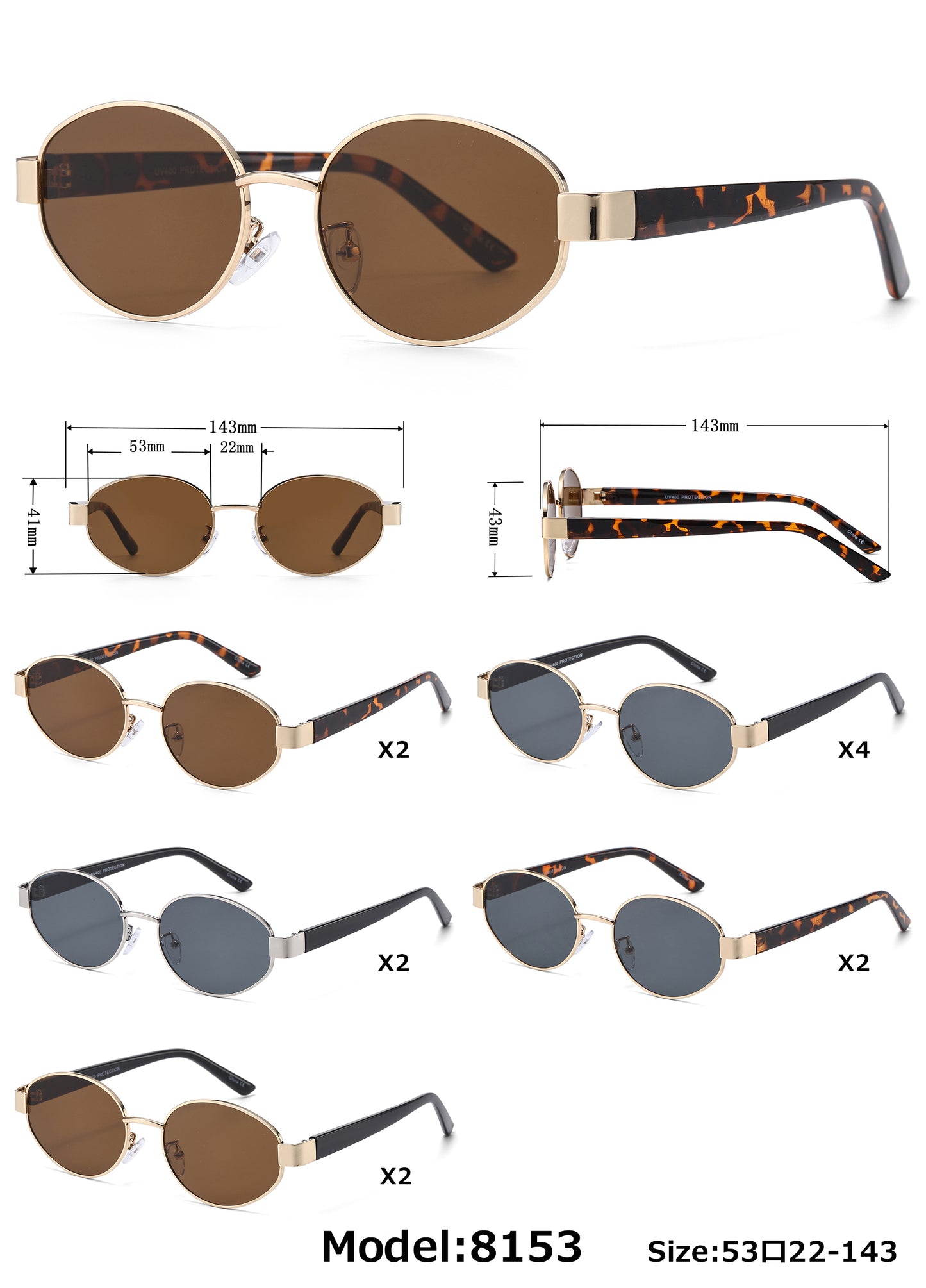 8153 - Oval Fashion Metal Sunglasses with Plastic Temple