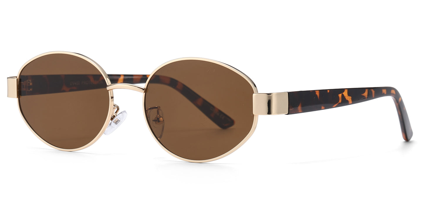 8153 - Oval Fashion Metal Sunglasses with Plastic Temple