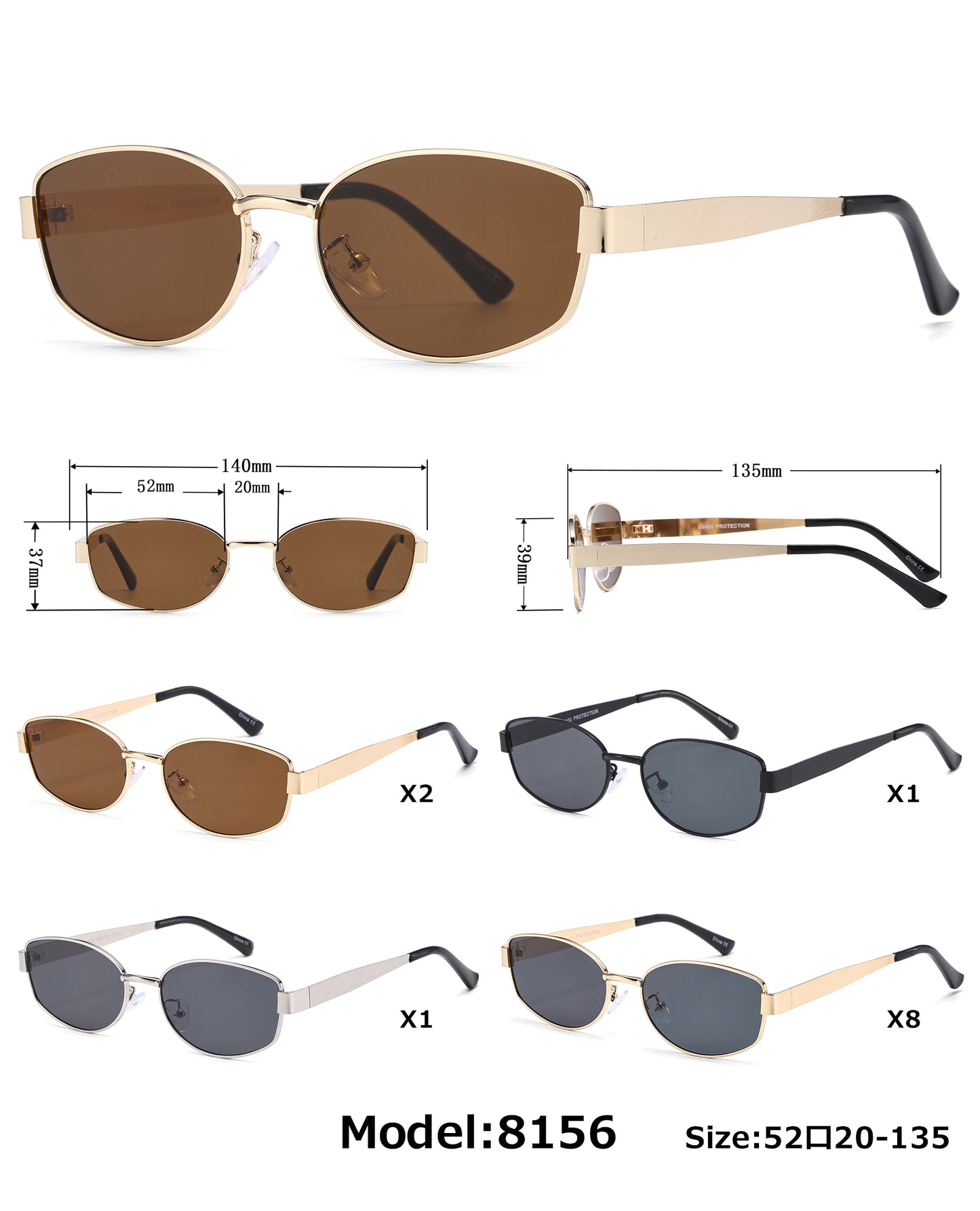 8156 - Rectangular Metal Sunglasses with Metal Temple