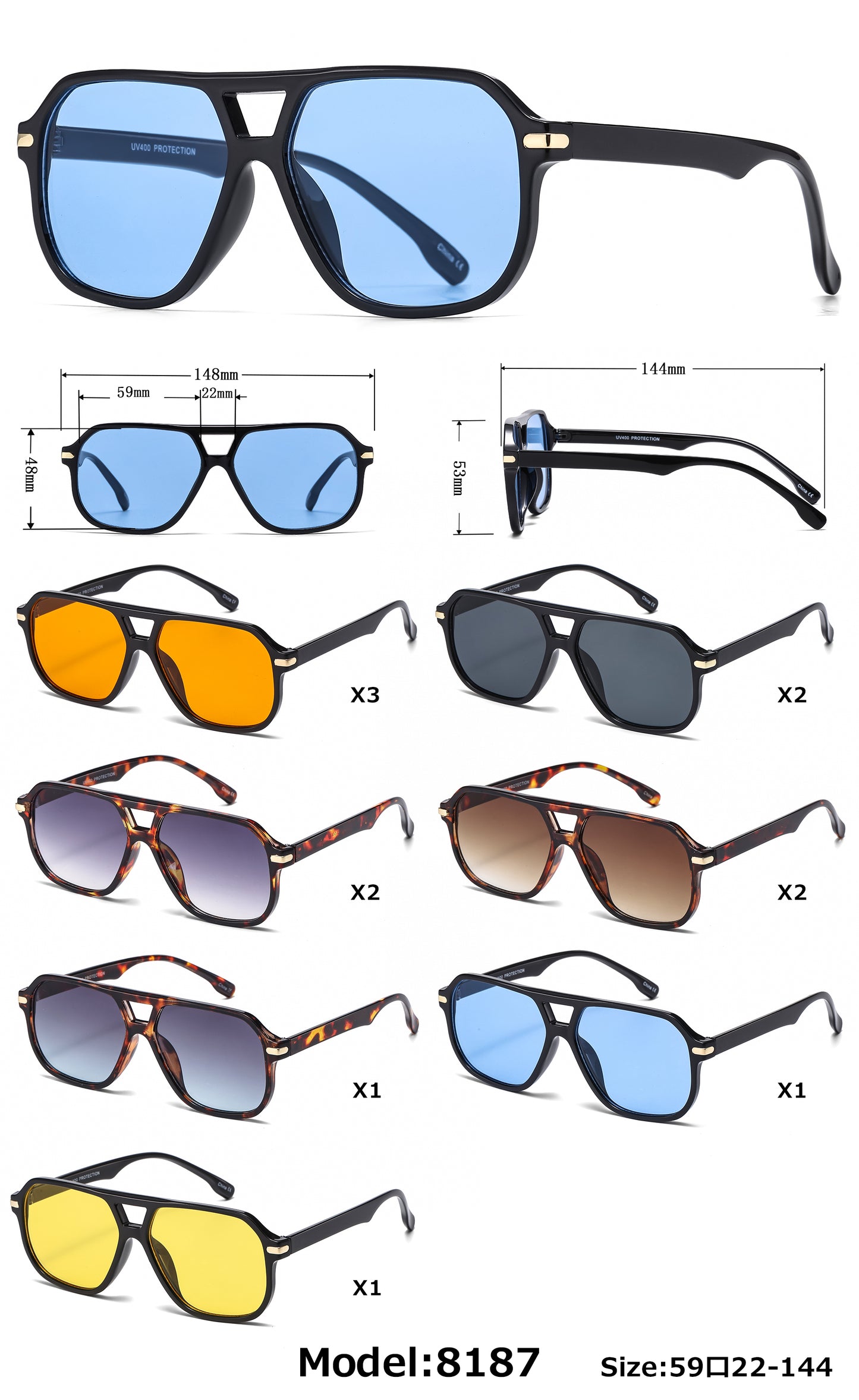 8187 - Classic Square Aviator Plastic Sunglasses