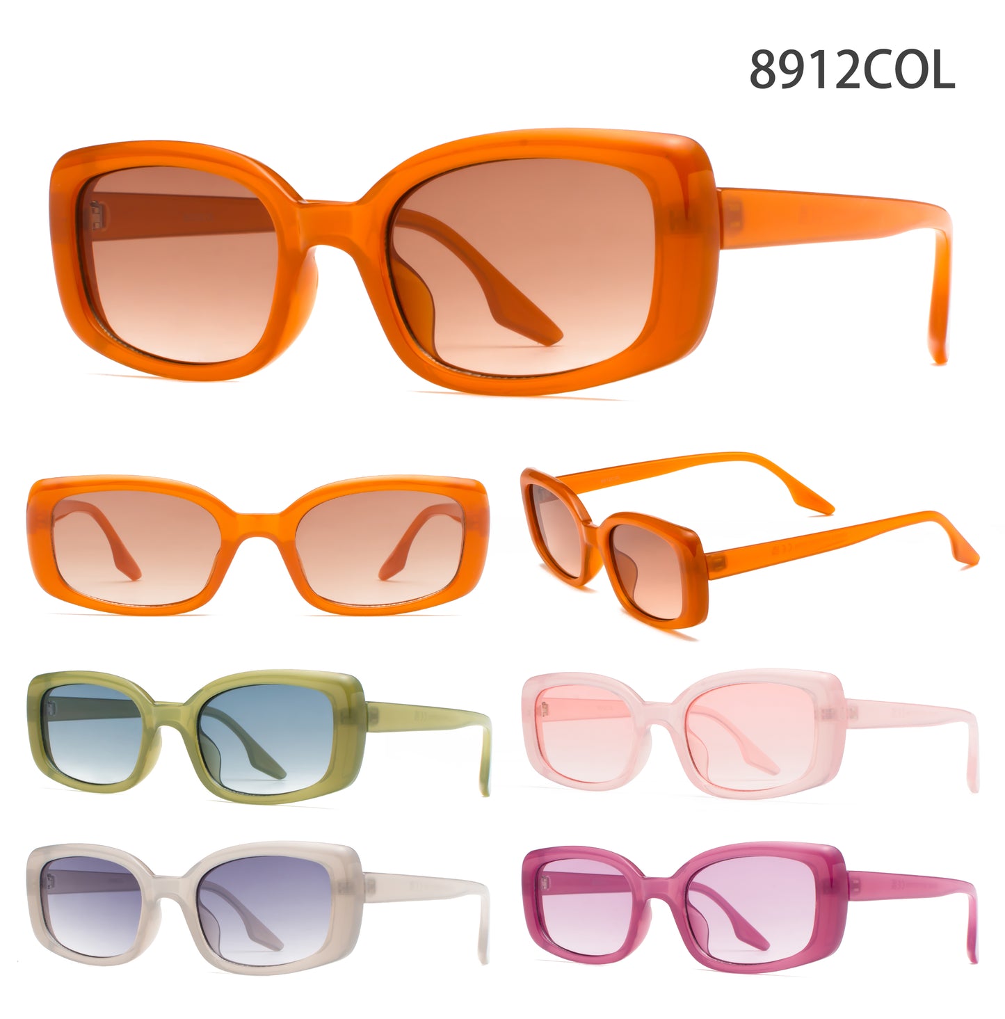 8912 Color - Rectangular Plastic Colorful Sunglasses with Flat Lens
