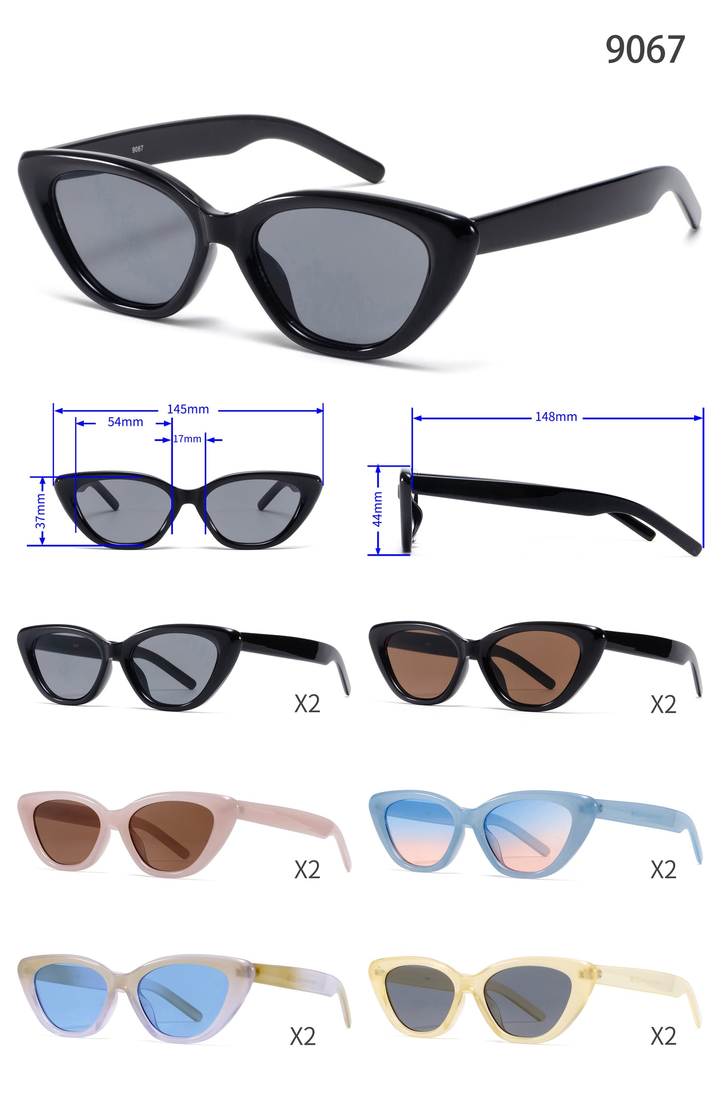 9067 - Cat Eye Plastic Sunglasses with Flat Lens