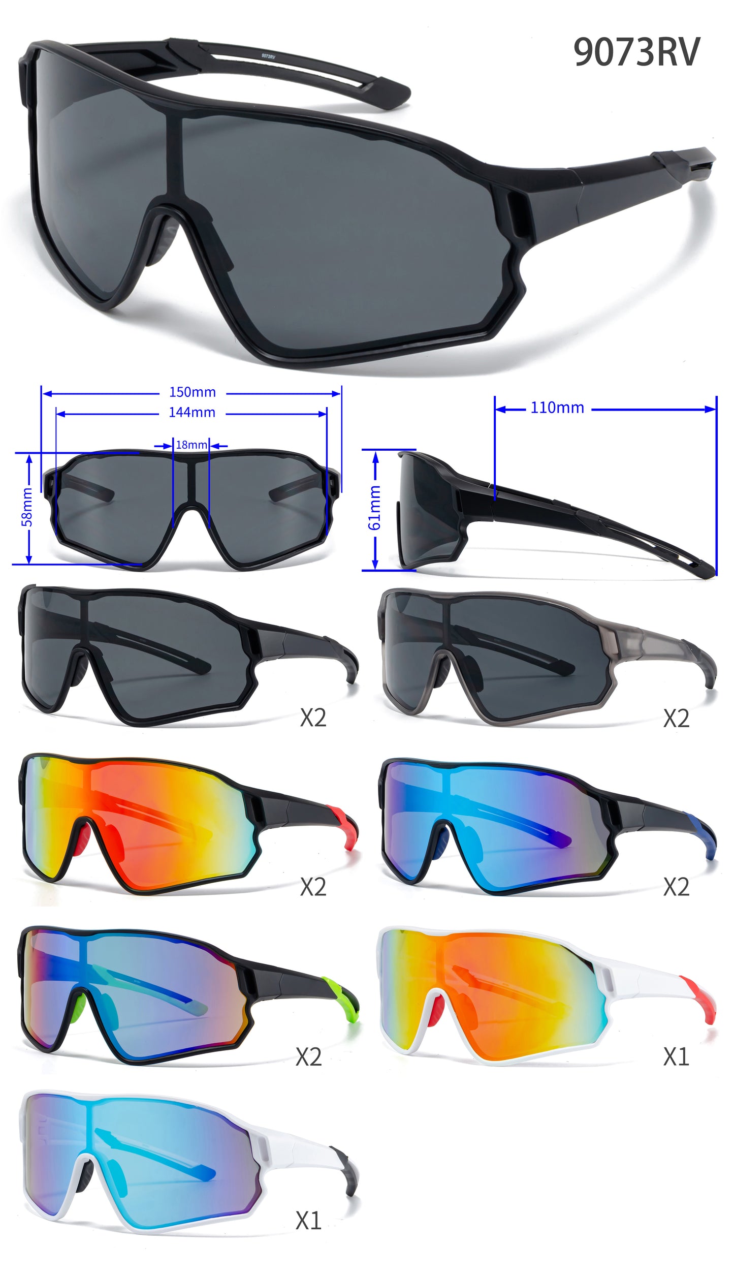 9073 RVC - Plastic Sports One Piece Shield Sunglasses with Color Mirror Lens