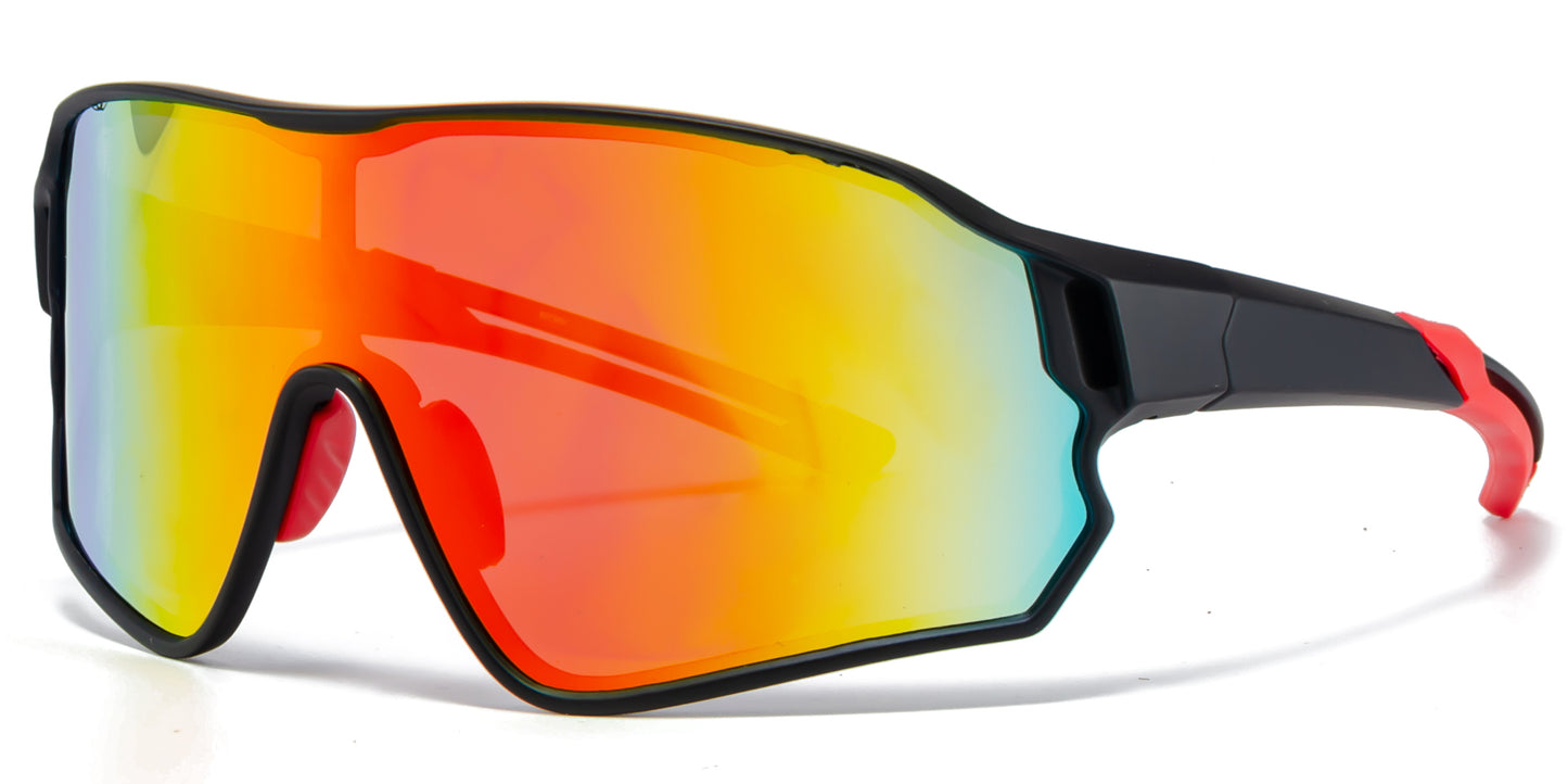 9073 RVC - Plastic Sports One Piece Shield Sunglasses with Color Mirror Lens