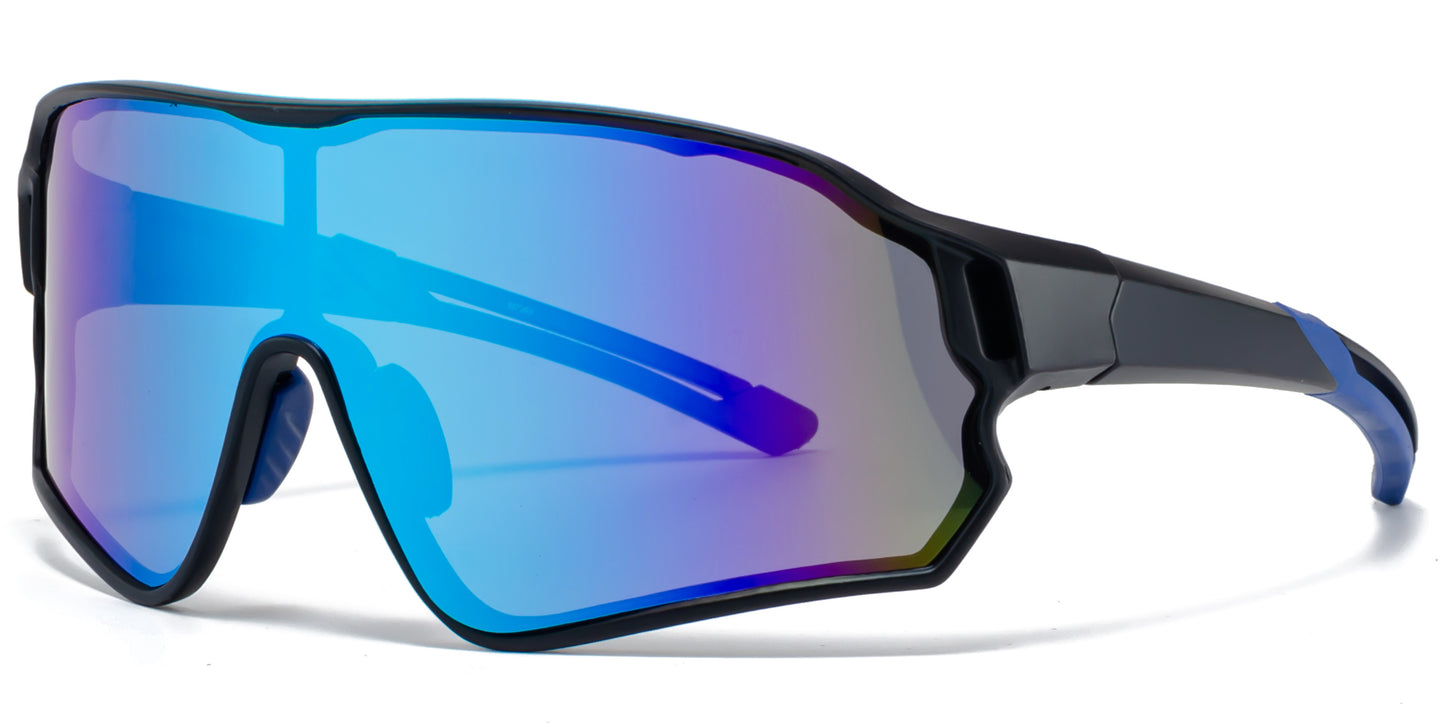 9073 RVC - Plastic Sports One Piece Shield Sunglasses with Color Mirror Lens