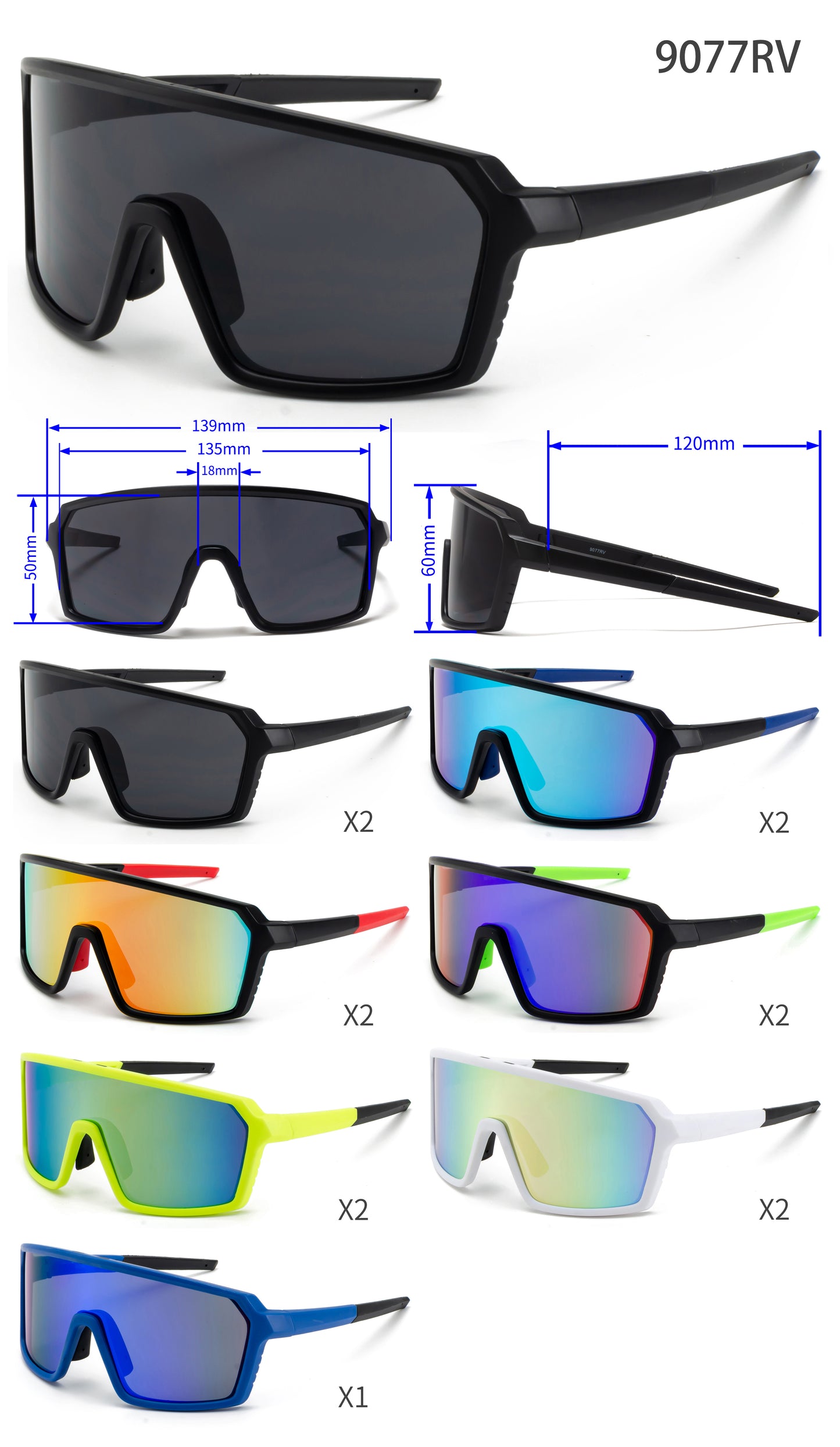 9077 RVC - One Piece Lens Plastic Shield Sunglasses with Color Mirrored Lens