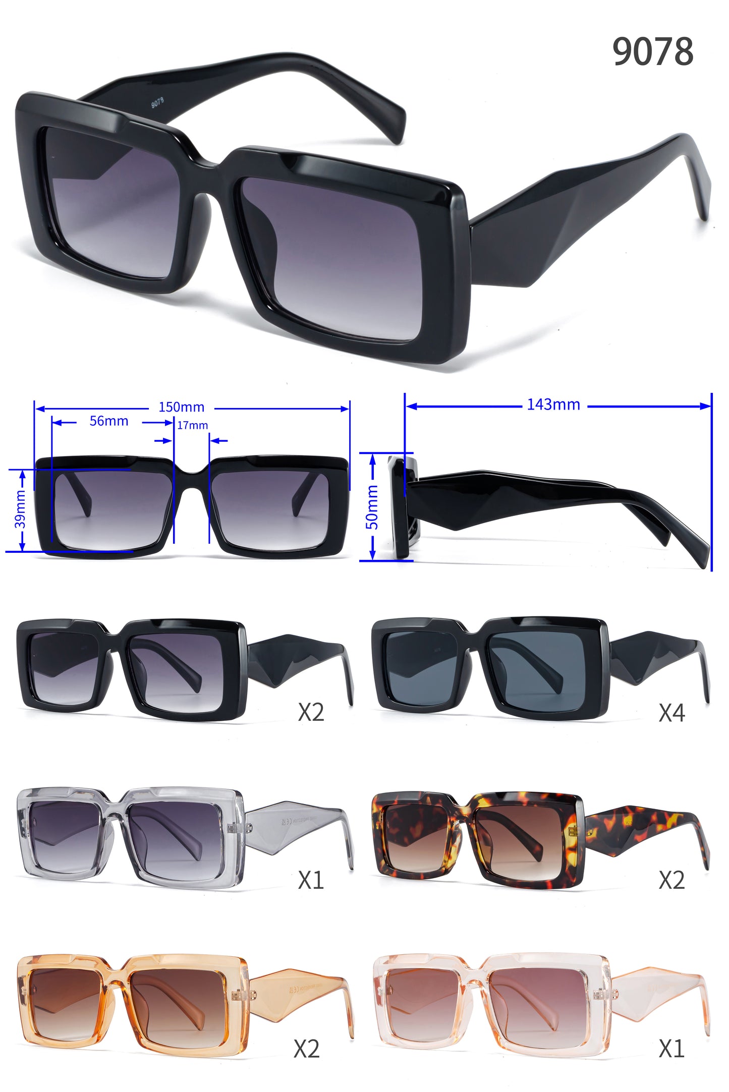 9078 - Rectangular Women Plastic Sunglasses