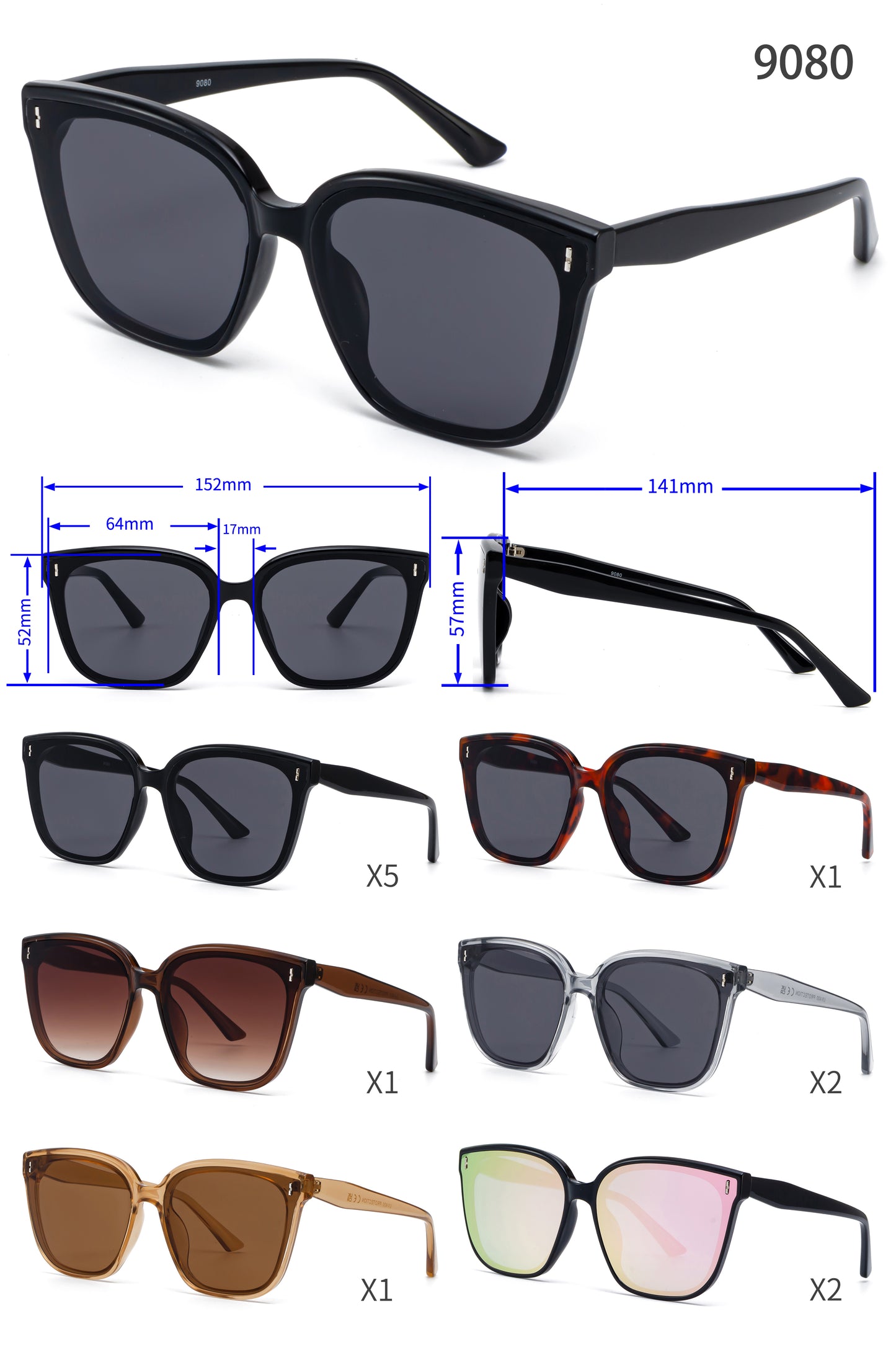 9080 - Plastic Square Butterfly Sunglasses with Flat Lens