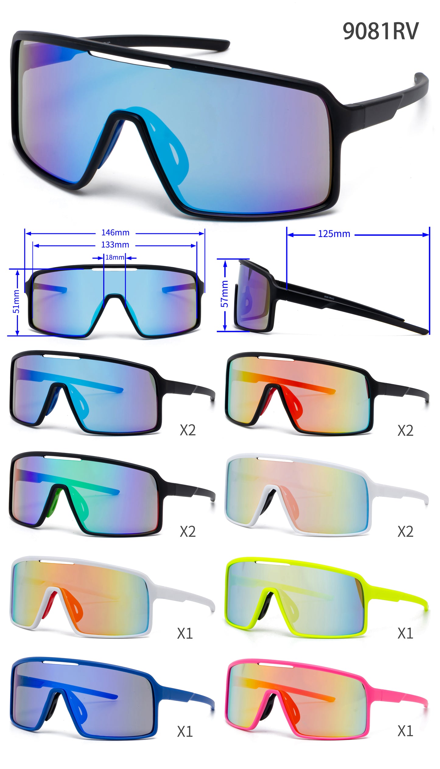 9081 RVC - One Piece Lens Plastic Shield Sunglasses with Color Mirrored Lens