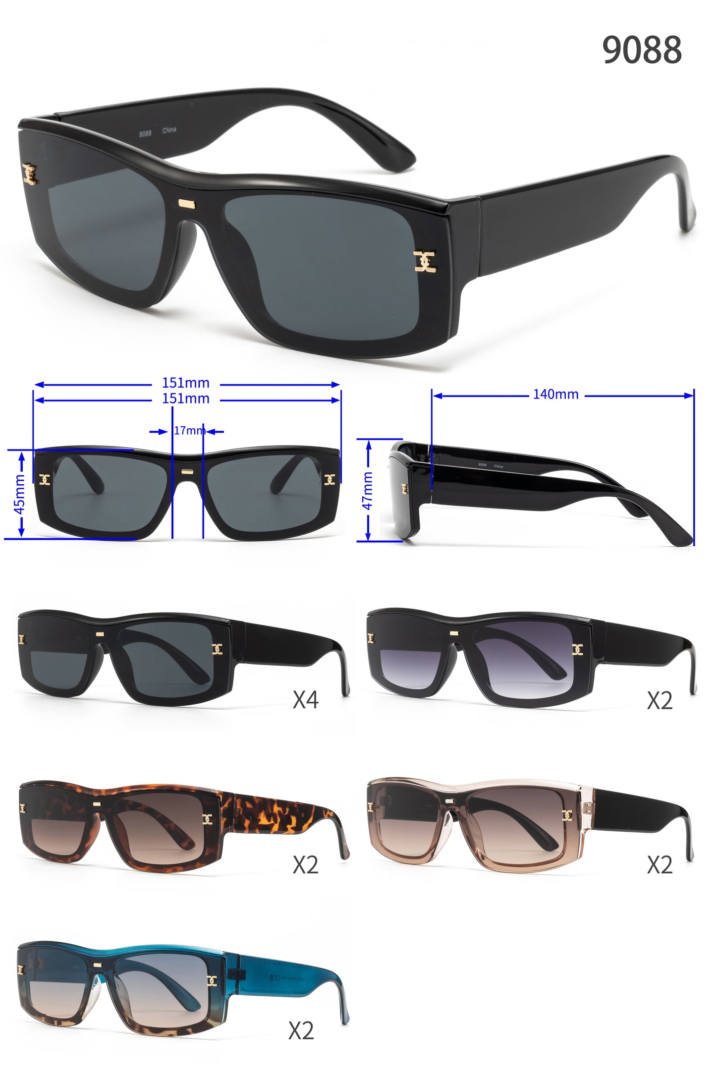 9088 - Rectangular One Piece Lens Women Plastic Sunglasses