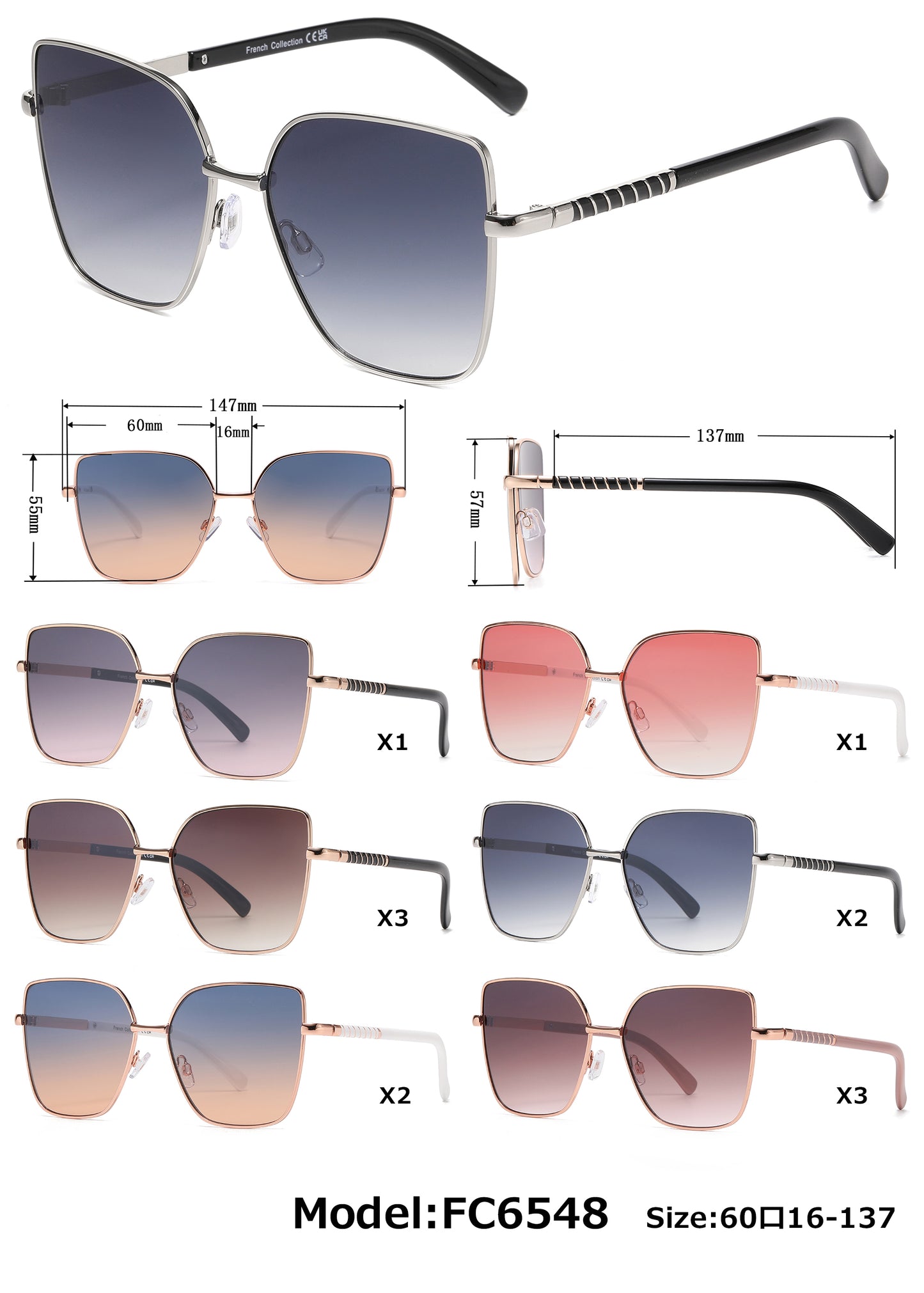 FC 6548 - Metal Cat Eye Flat Lens Sunglasses