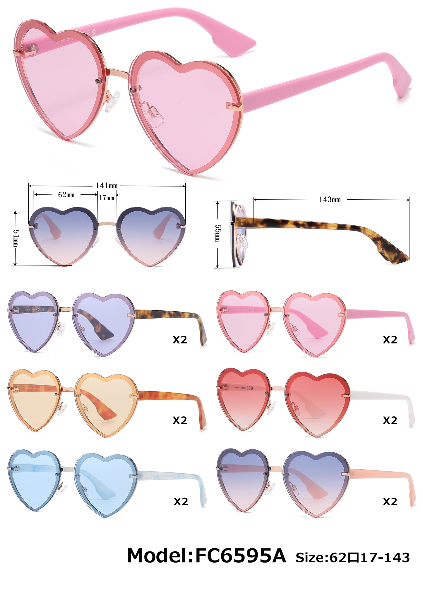 FC 6595A - Colorful Rimless Heart Shape Metal Sunglasses