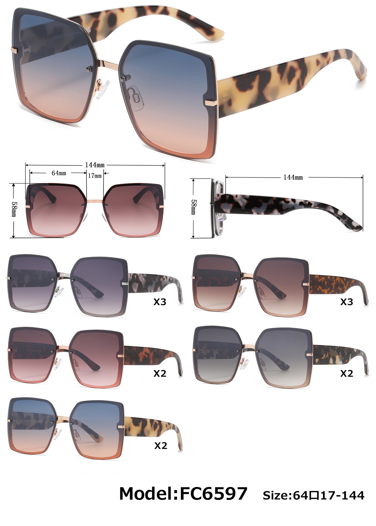 FC 6597 - Large Rimless Square Women Metal Sunglasses