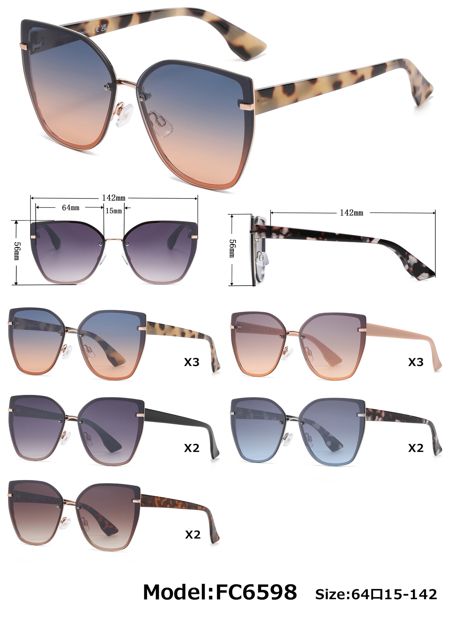 FC 6598 - Metal Rimless Square Cat Eye Flat Lens Sunglasses